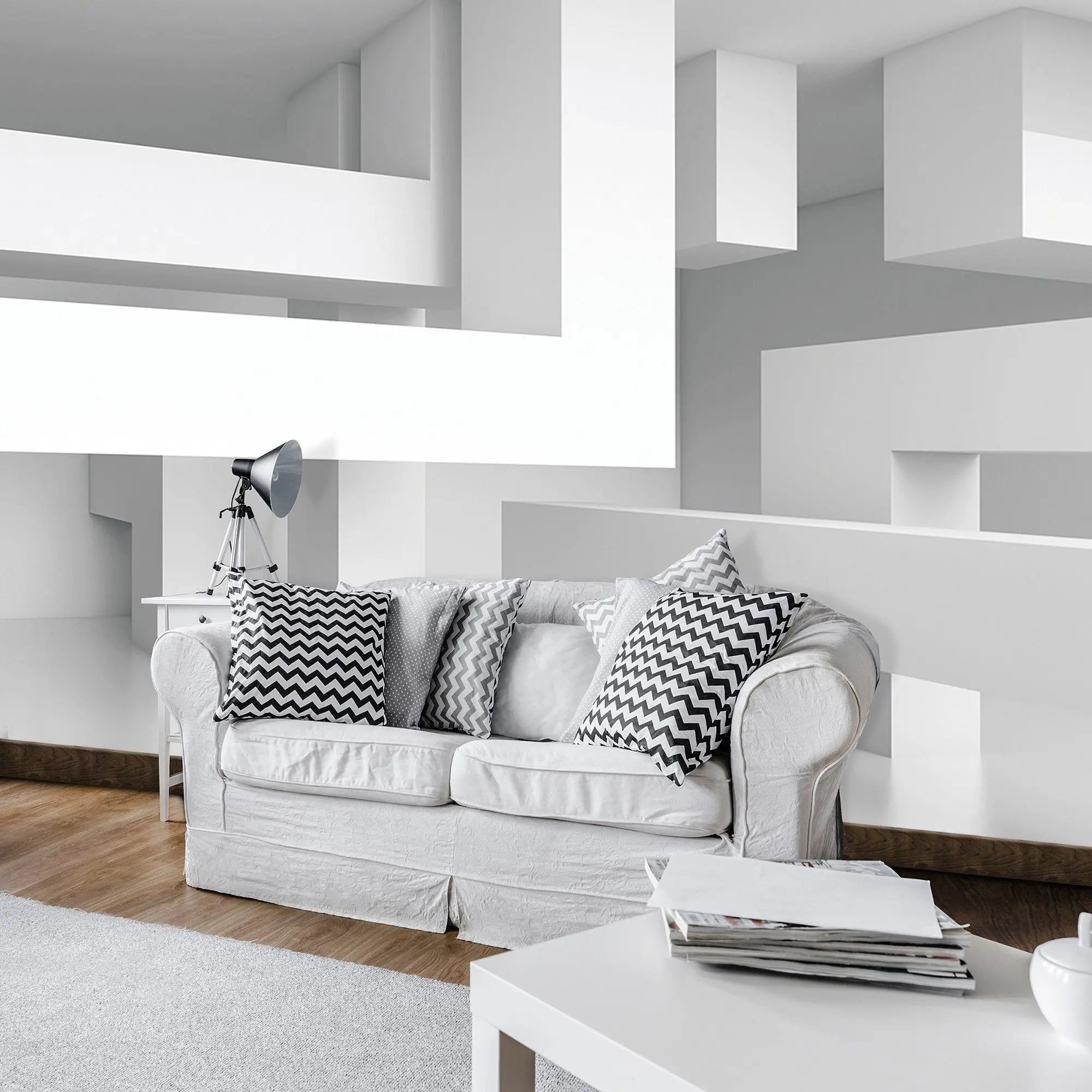 Billede 3 af Fototapet - Hvidt minimalistisk rum med rektangulære strukturer