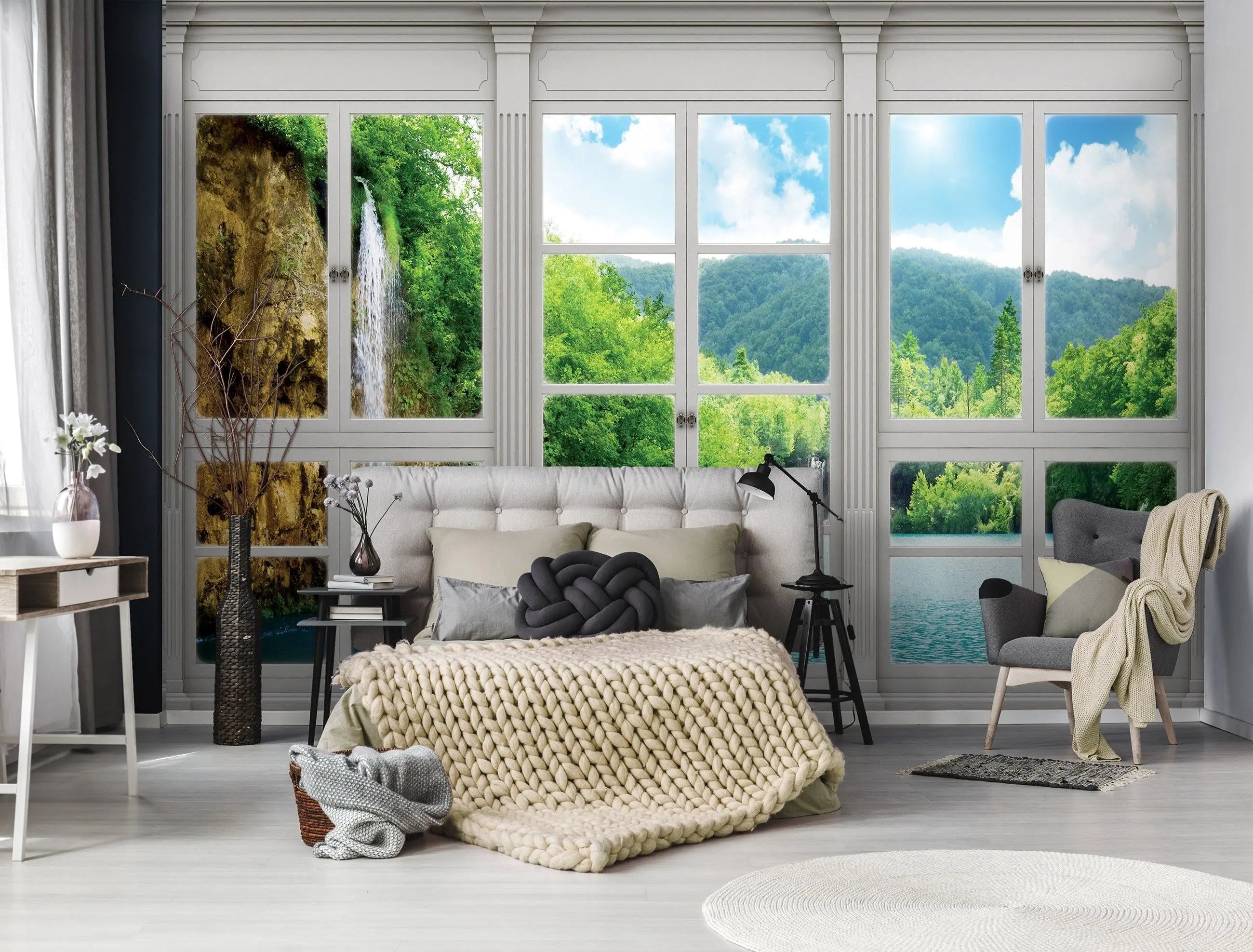 Billede 5 af Fototapet - Hvidt vinduespanel med udsigt til vandfald, skov og sø