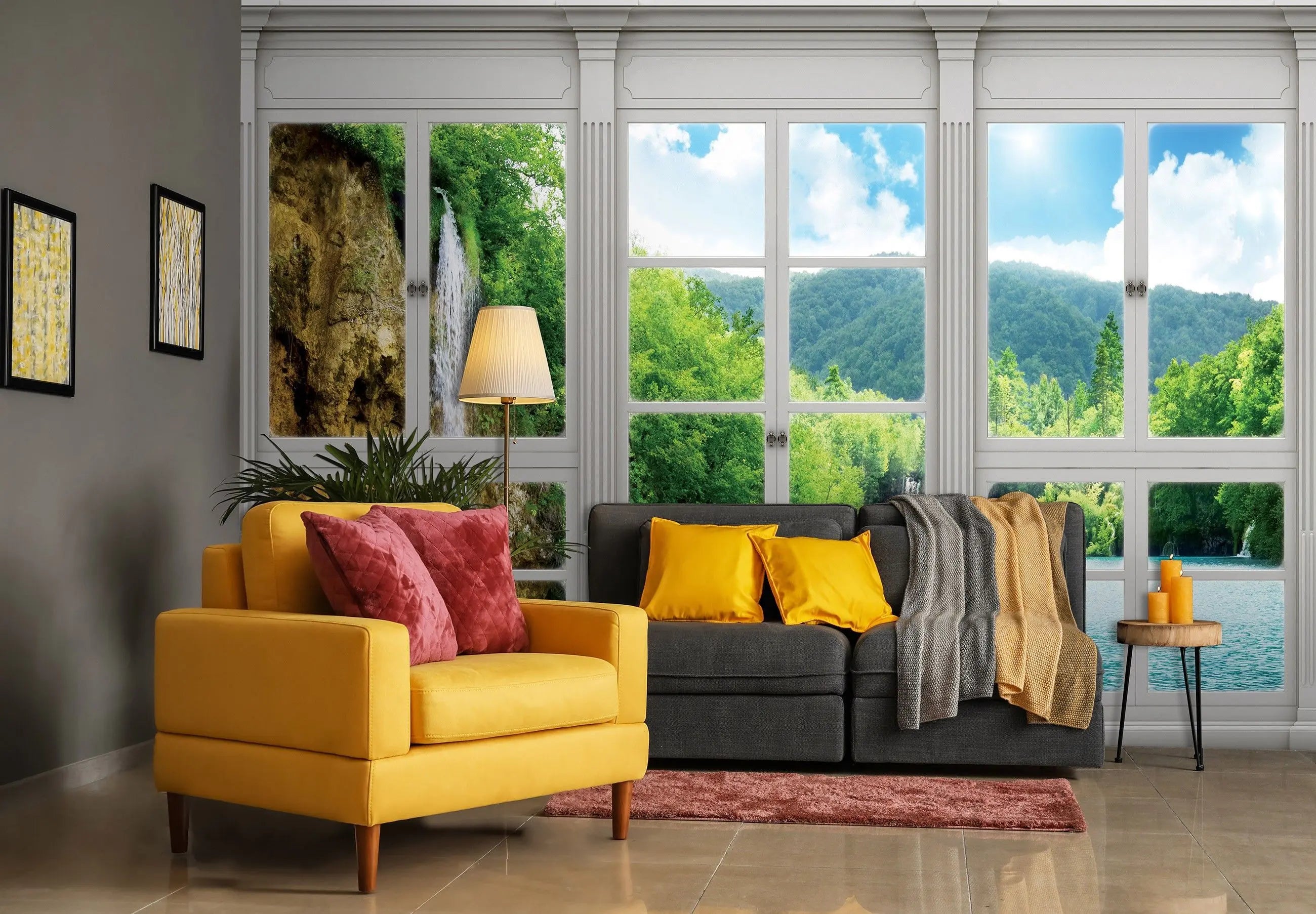 Billede 6 af Fototapet - Hvidt vinduespanel med udsigt til vandfald, skov og sø