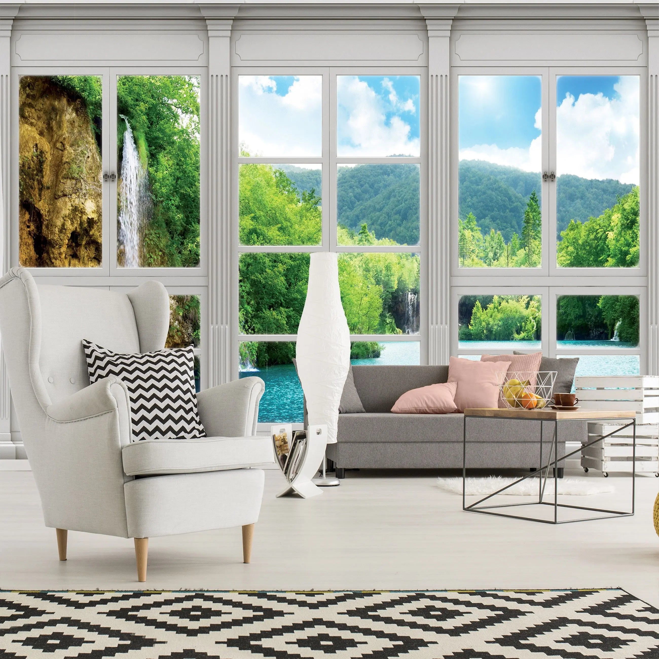 Billede 7 af Fototapet - Hvidt vinduespanel med udsigt til vandfald, skov og sø