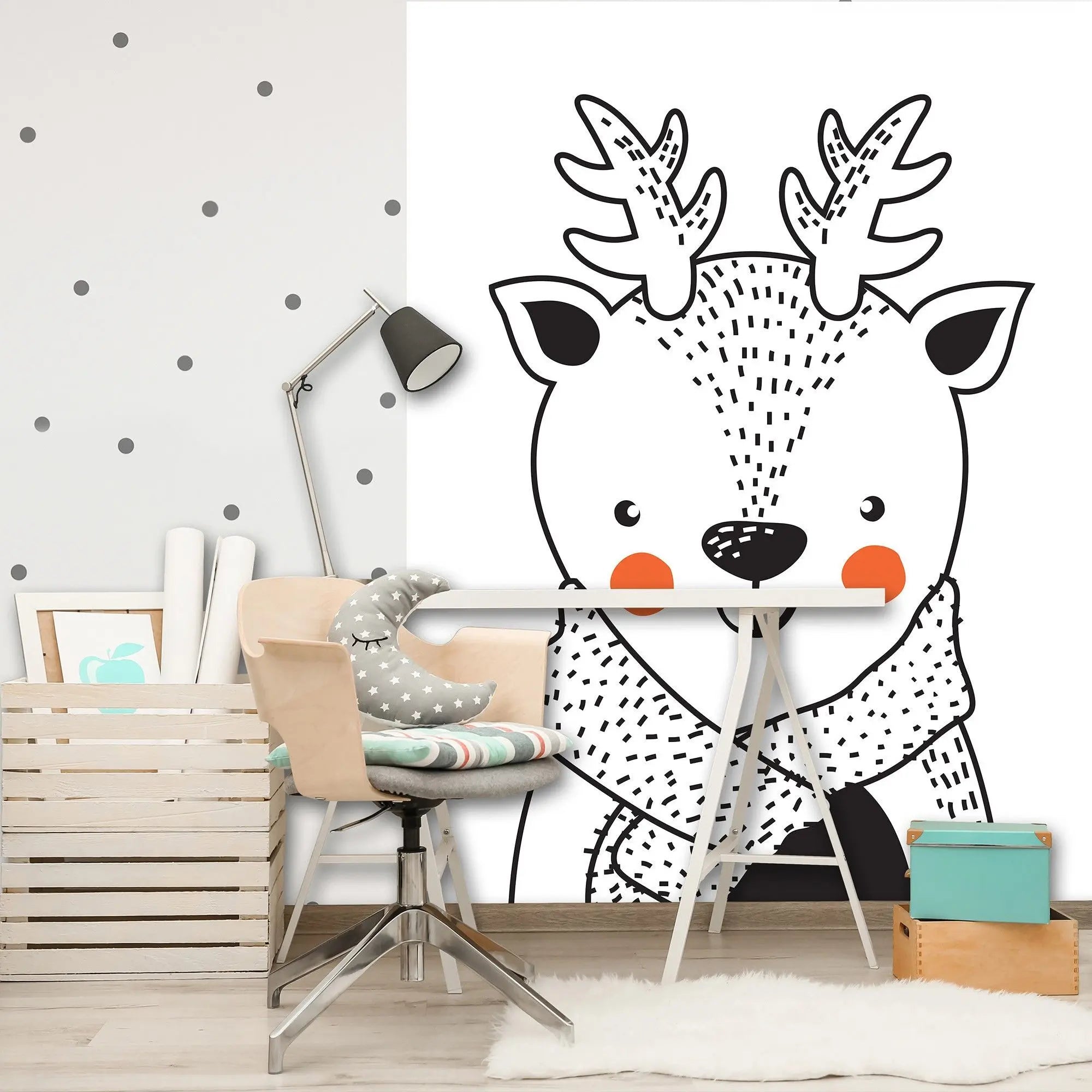 Billede 2 af Fototapet - Illustration af smilende rensdyr med tørklæde og røde kinder
