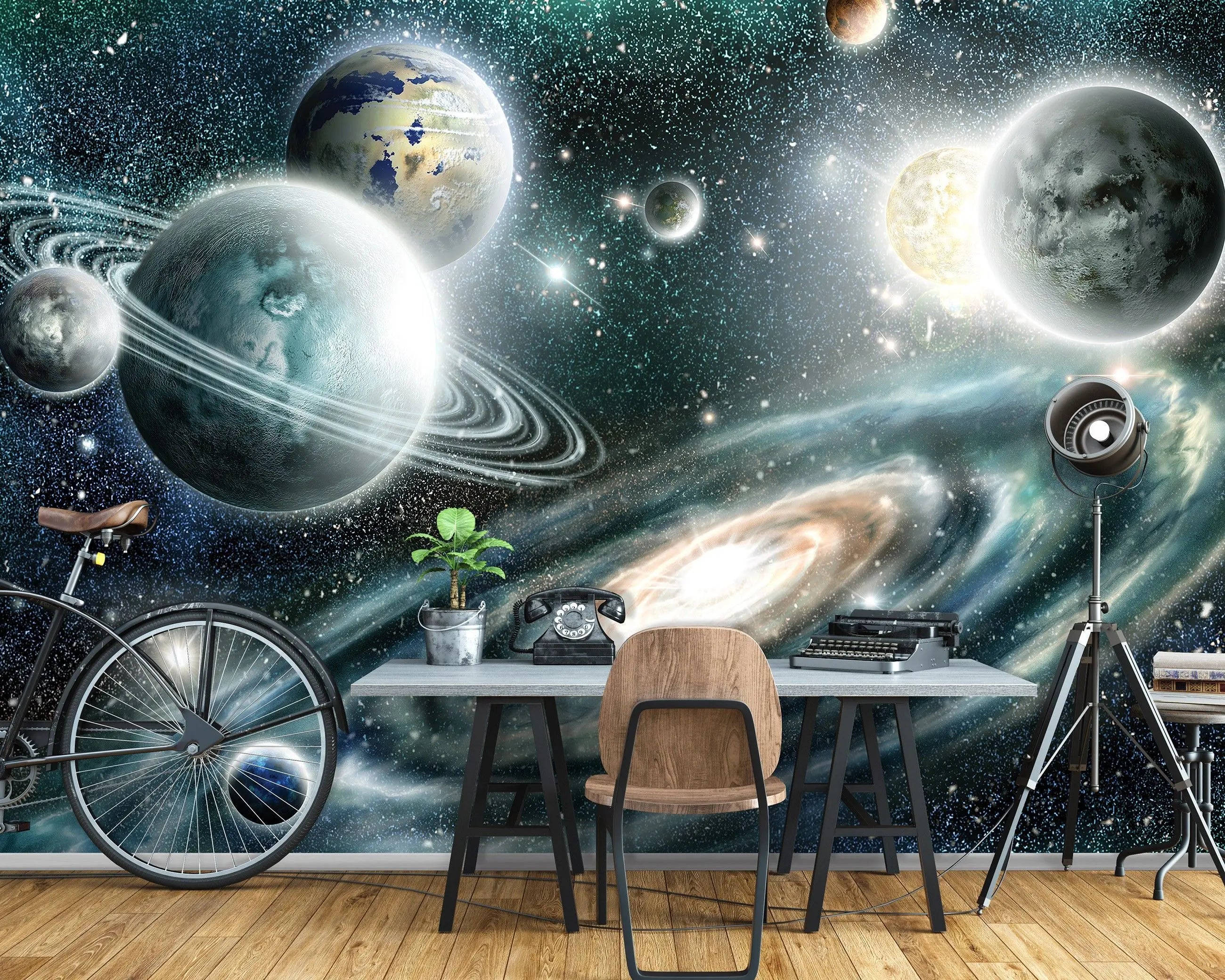 Billede 10 af Fototapet - Illustration af solsystem med flere planeter og galakse