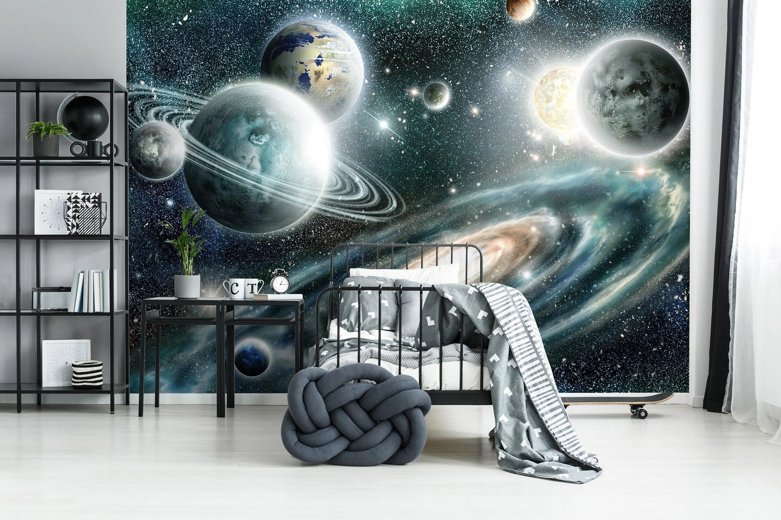 Billede 11 af Fototapet - Illustration af solsystem med flere planeter og galakse