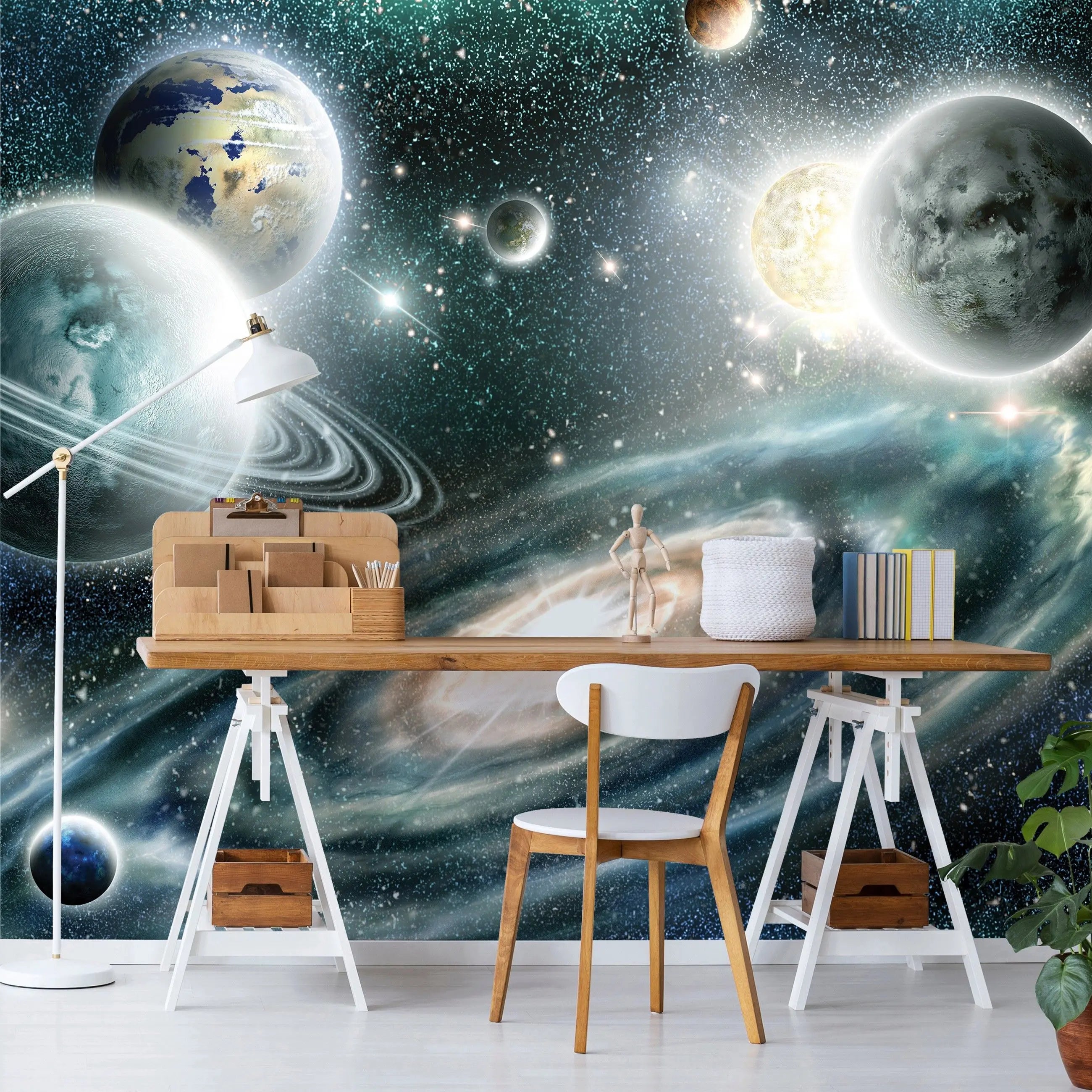 Billede 14 af Fototapet - Illustration af solsystem med flere planeter og galakse