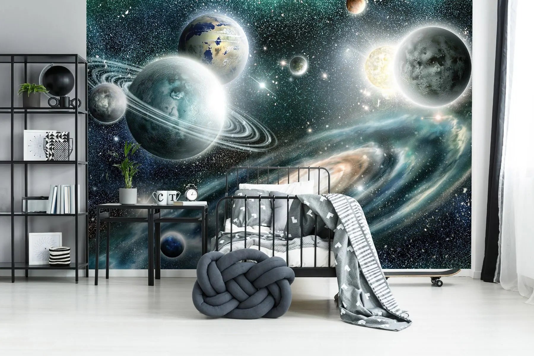 Billede 3 af Fototapet - Illustration af solsystem med flere planeter og galakse
