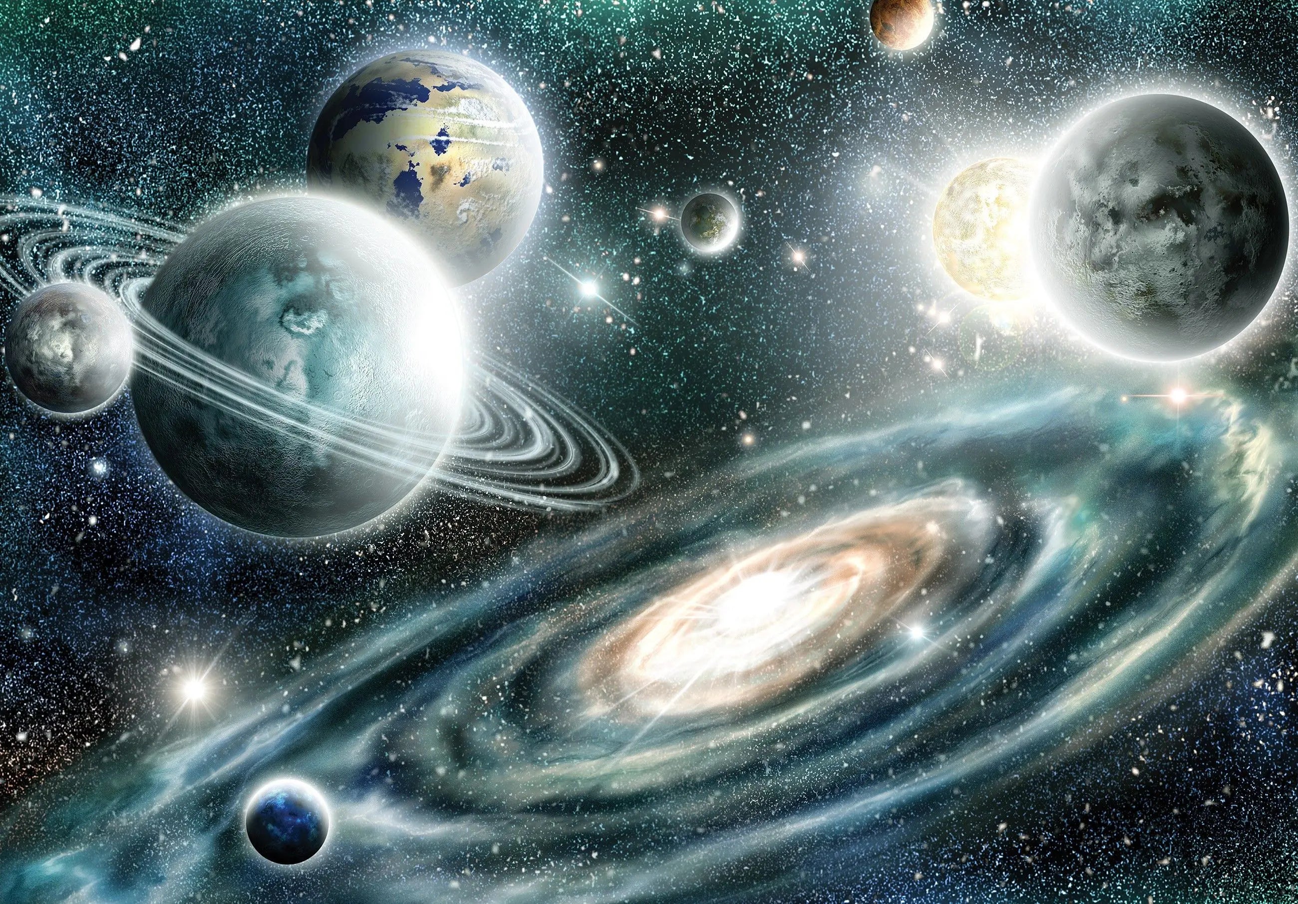 Billede 8 af Fototapet - Illustration af solsystem med flere planeter og galakse