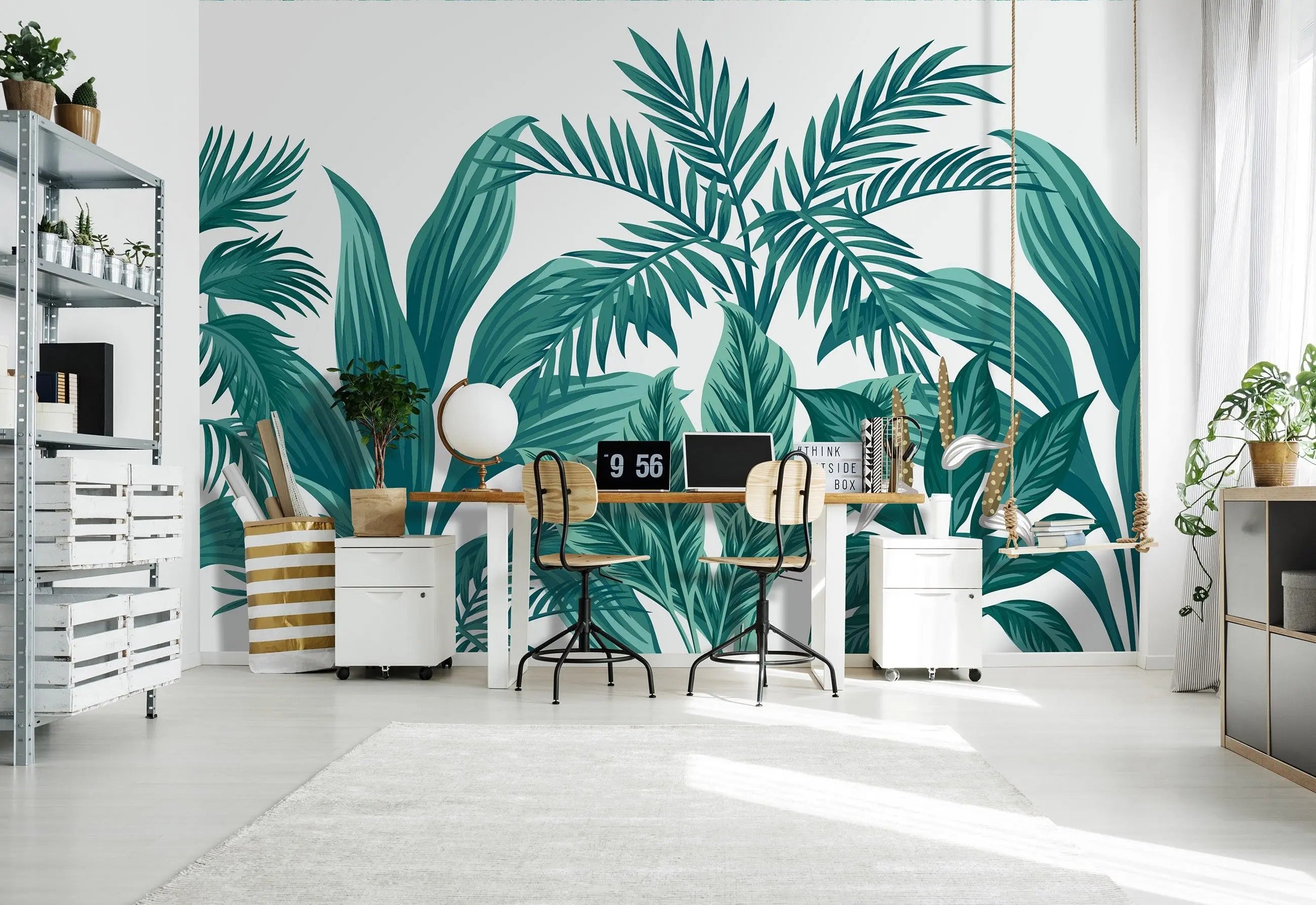 Billede 5 af Fototapet - Illustration af tropiske grønne planter med hvide blomster