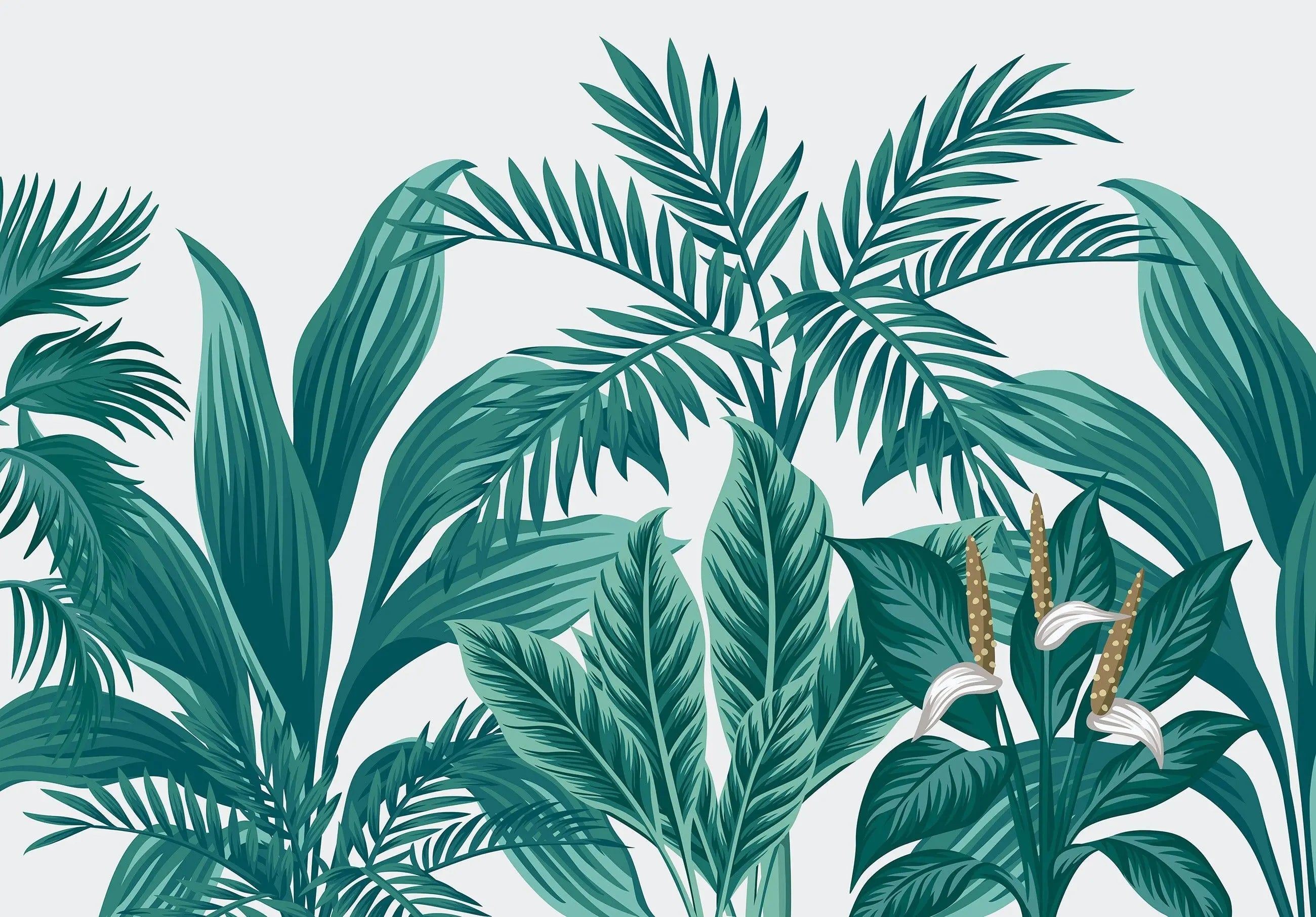 Billede 6 af Fototapet - Illustration af tropiske grønne planter med hvide blomster