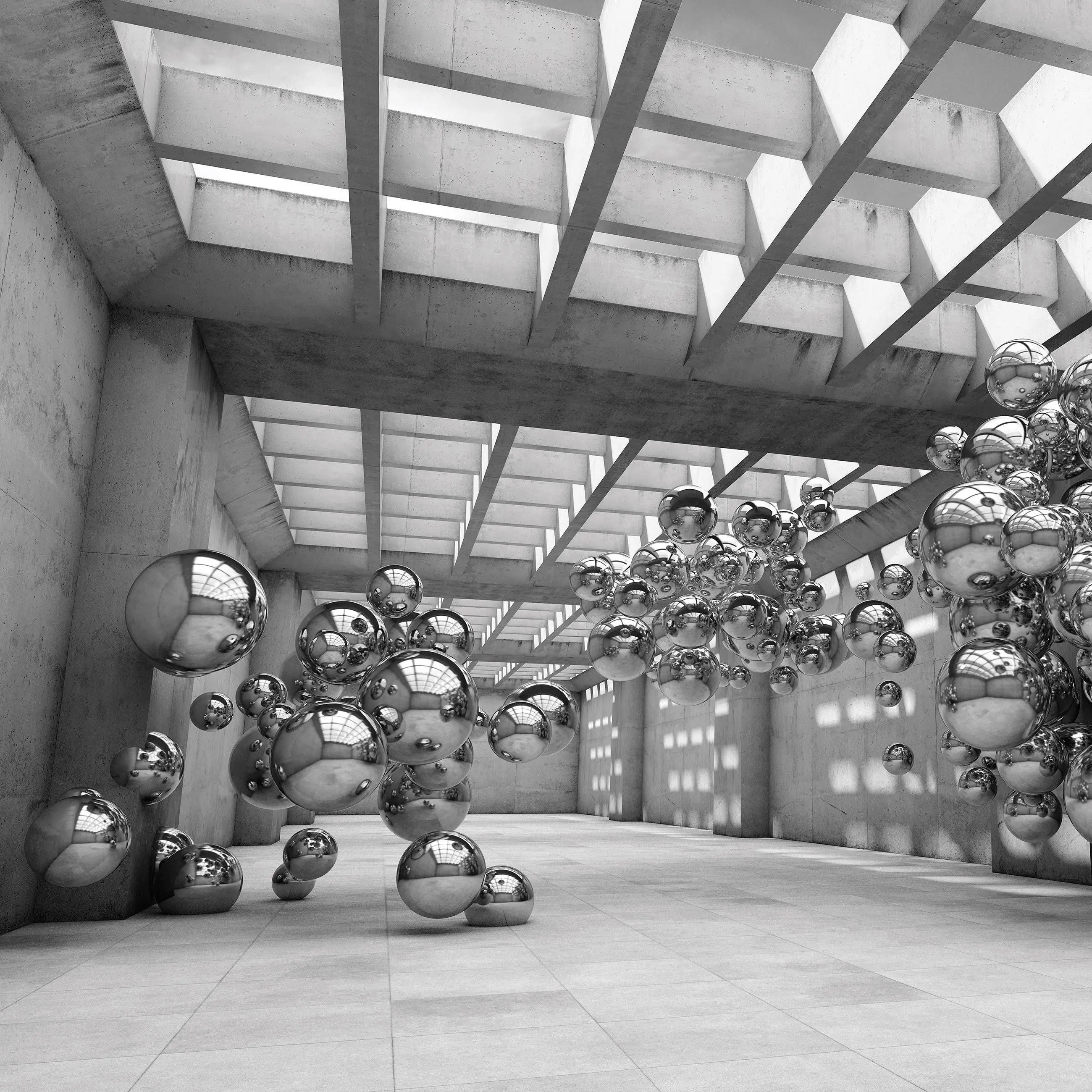 Billede 10 af Fototapet - Indendørs rum med glasloft og svævende sølvkugler i grupper