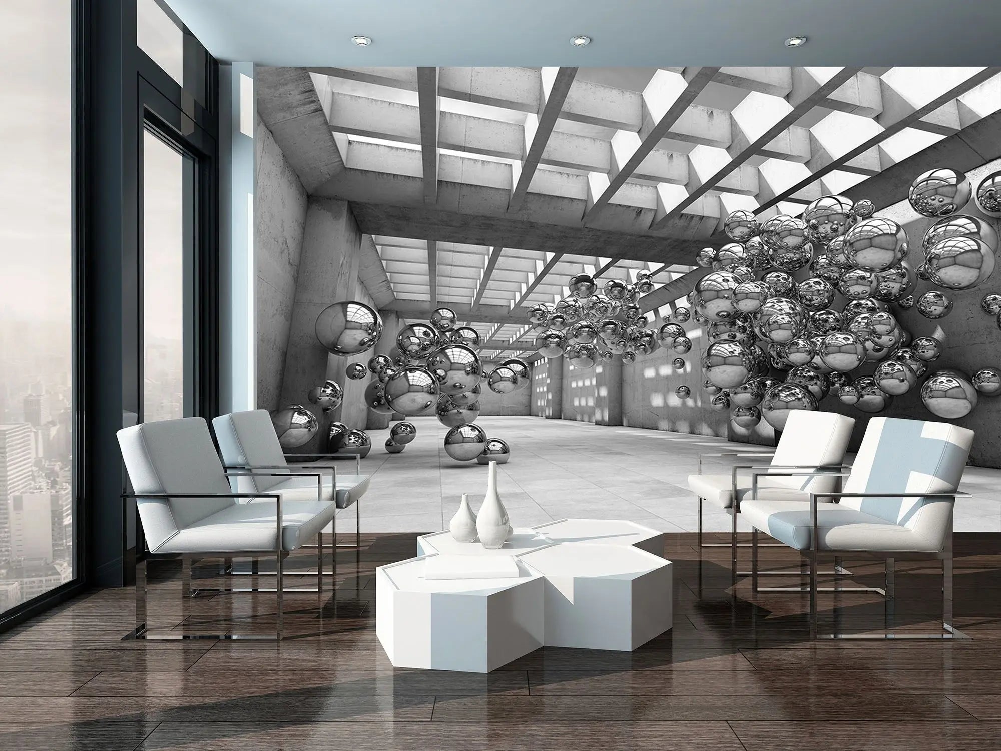 Billede 3 af Fototapet - Indendørs rum med glasloft og svævende sølvkugler i grupper