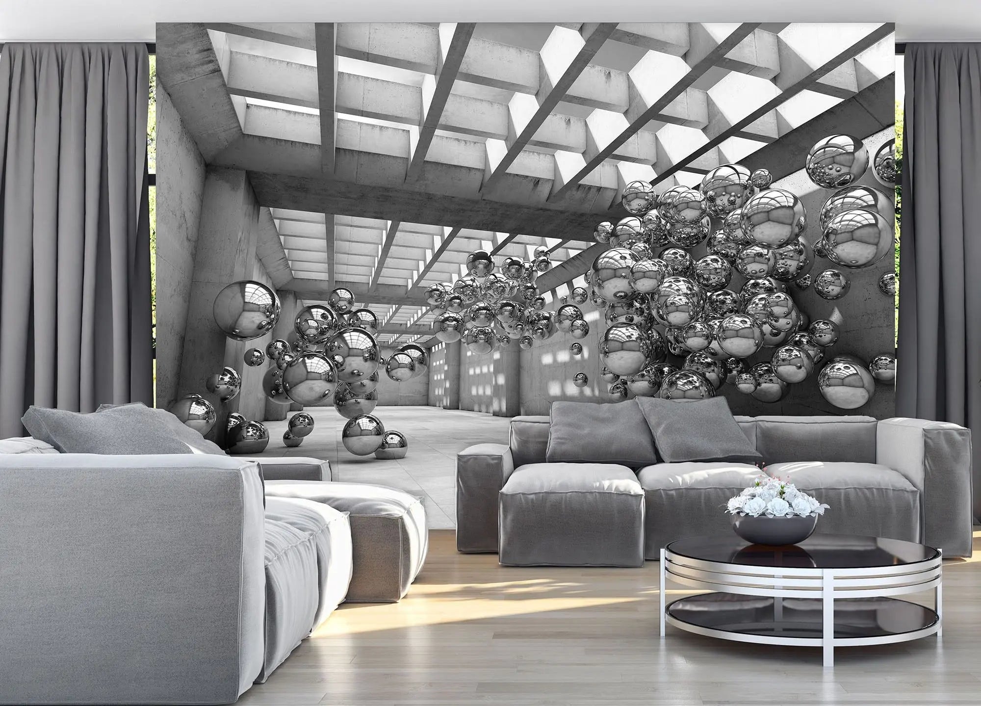 Billede 4 af Fototapet - Indendørs rum med glasloft og svævende sølvkugler i grupper