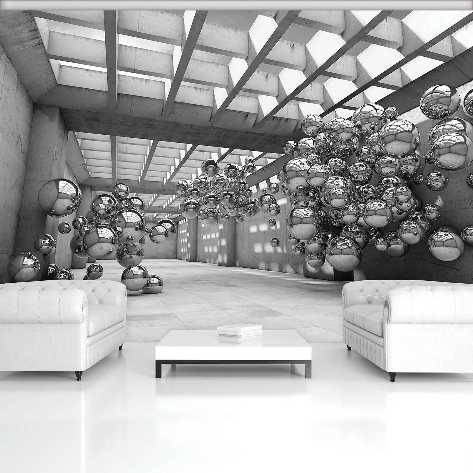 Billede 5 af Fototapet - Indendørs rum med glasloft og svævende sølvkugler i grupper