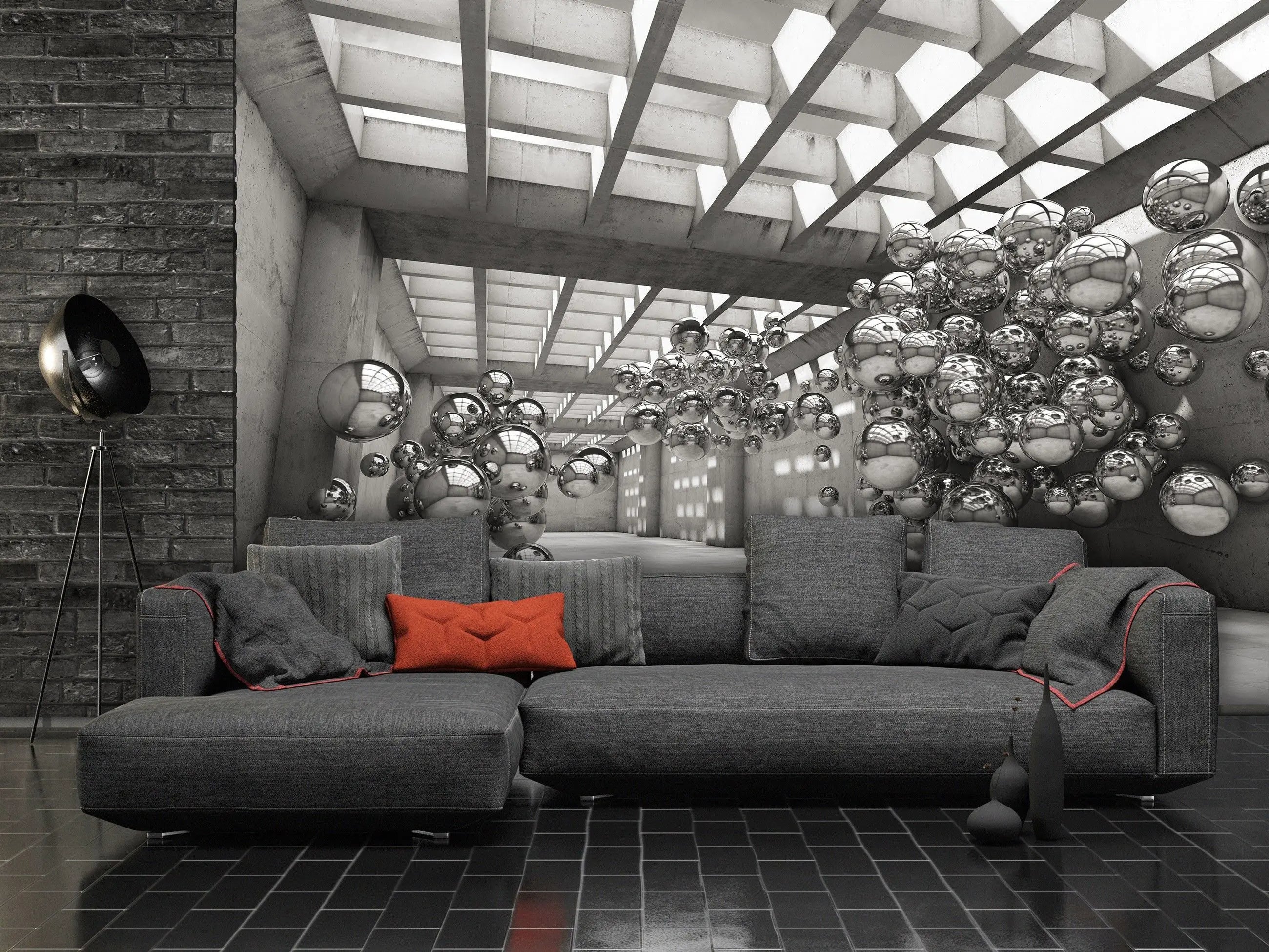 Billede 7 af Fototapet - Indendørs rum med glasloft og svævende sølvkugler i grupper