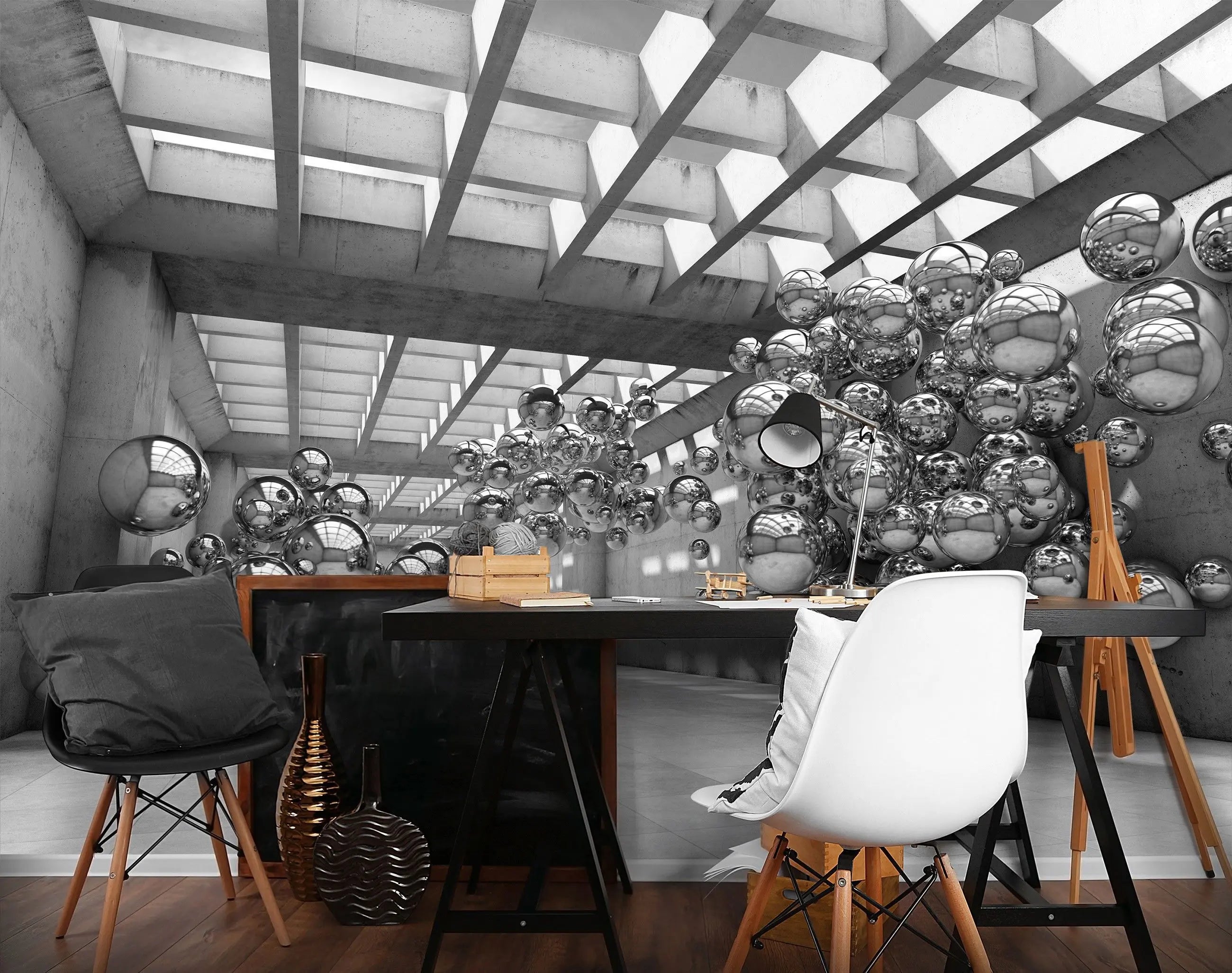 Billede 8 af Fototapet - Indendørs rum med glasloft og svævende sølvkugler i grupper