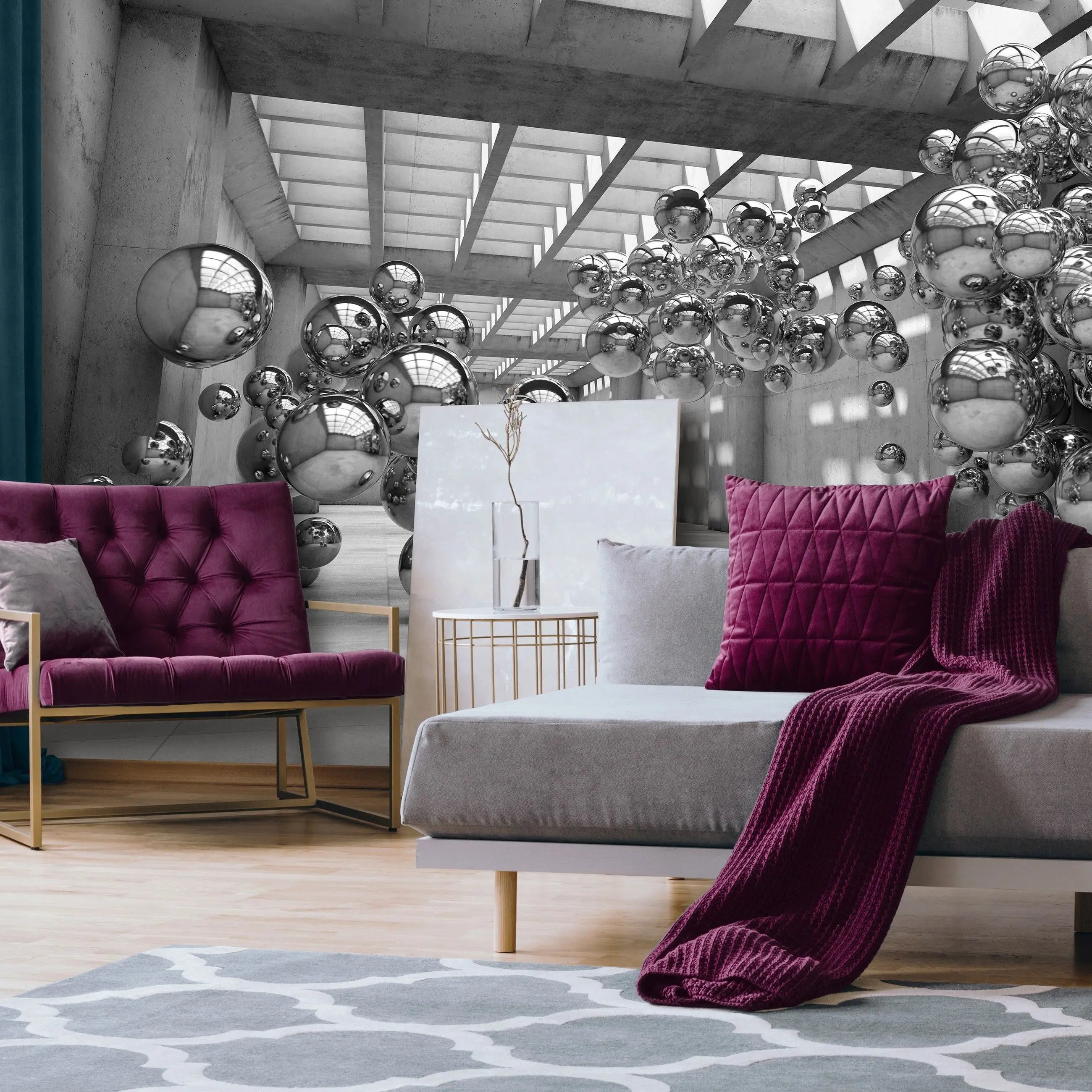 Billede 9 af Fototapet - Indendørs rum med glasloft og svævende sølvkugler i grupper