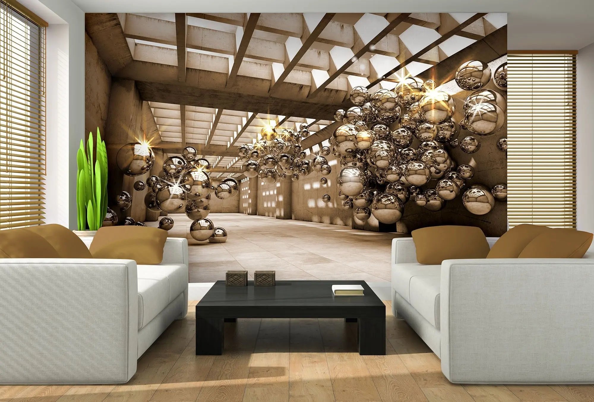 Billede 2 af Fototapet - Industriel betonhal med flyvende glaskugler