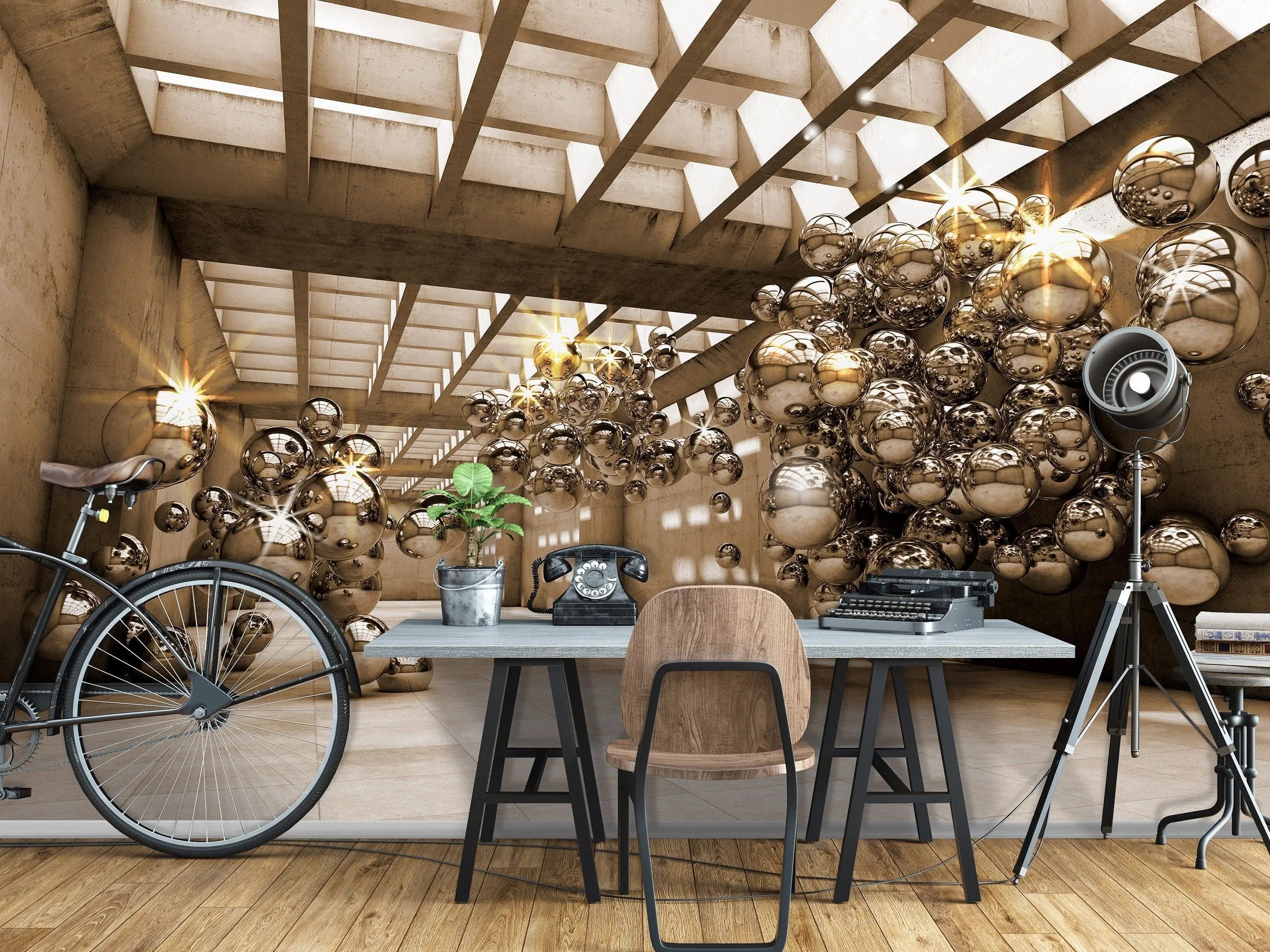 Billede 6 af Fototapet - Industriel betonhal med flyvende glaskugler