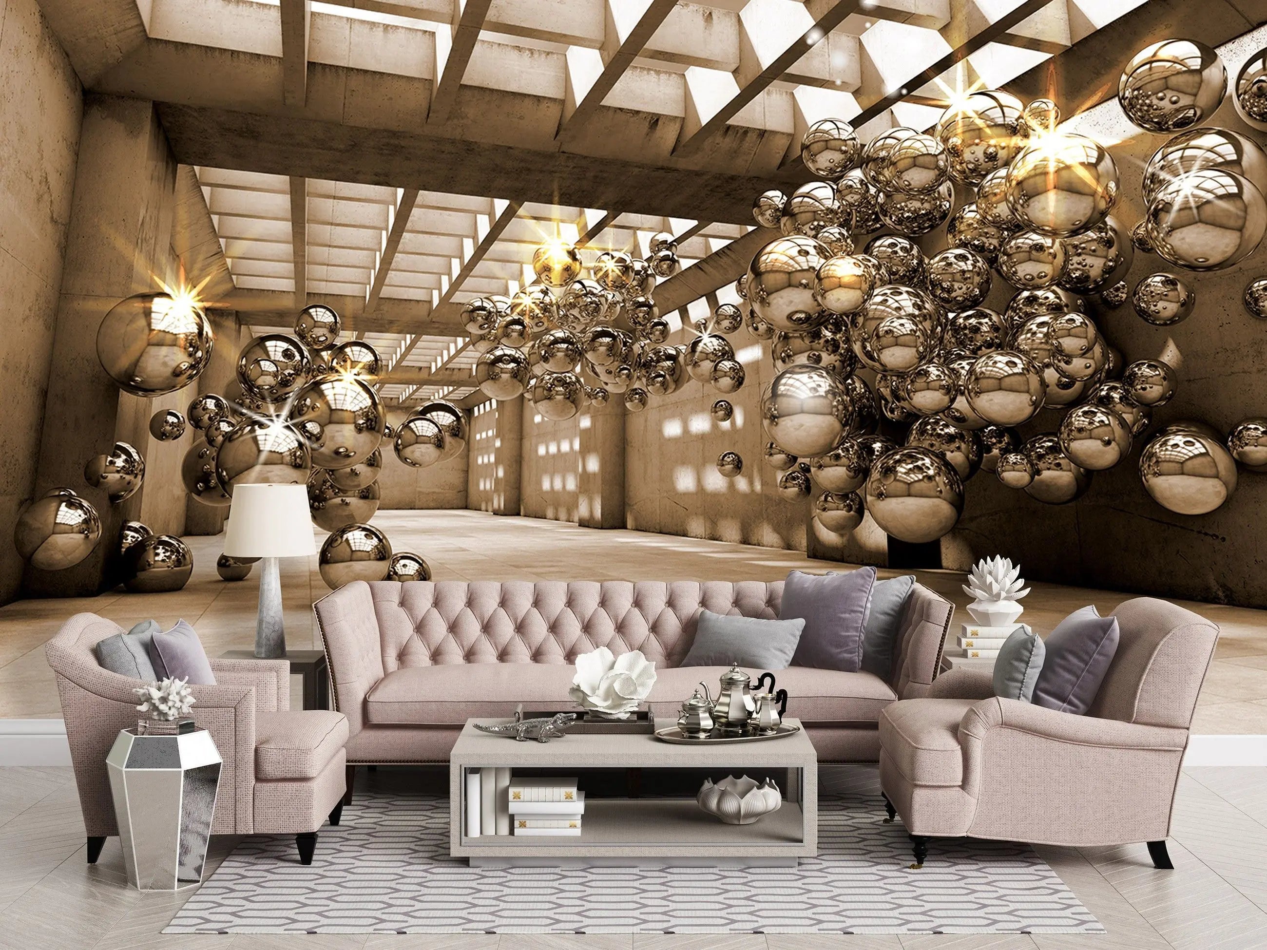 Billede 7 af Fototapet - Industriel betonhal med flyvende glaskugler