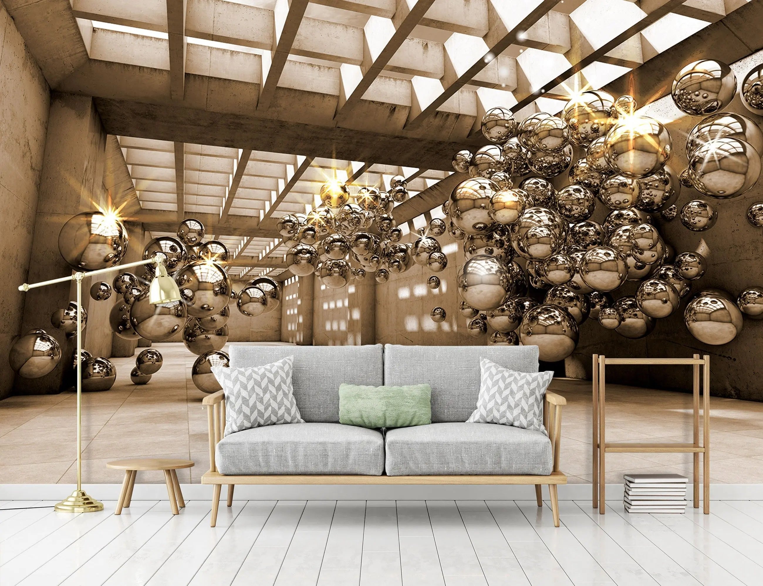 Billede 8 af Fototapet - Industriel betonhal med flyvende glaskugler