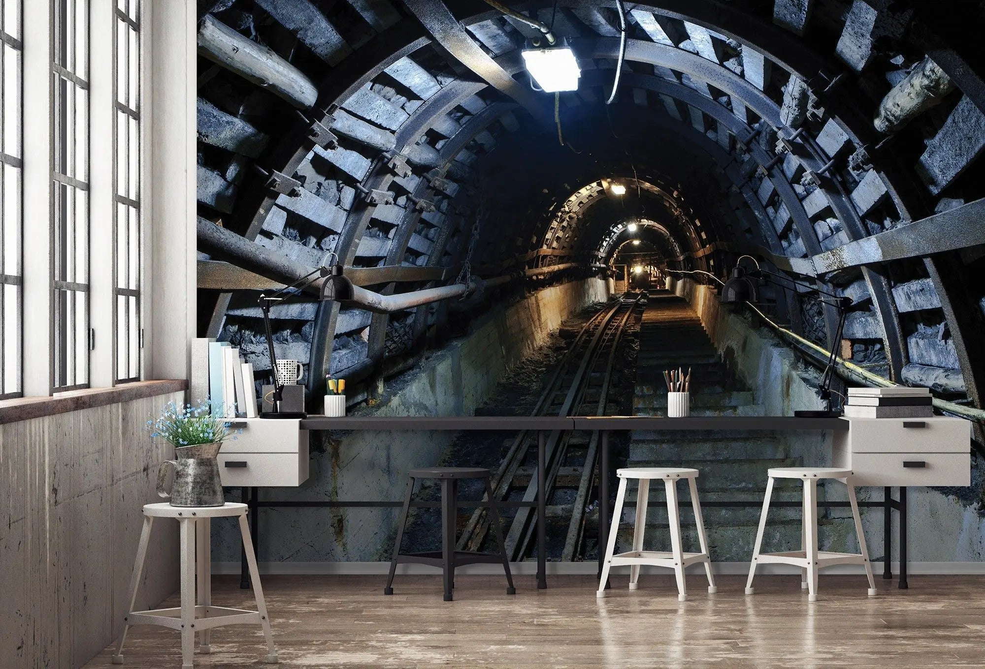 Billede 3 af Fototapet - Industriel underjordisk minegang med skinner