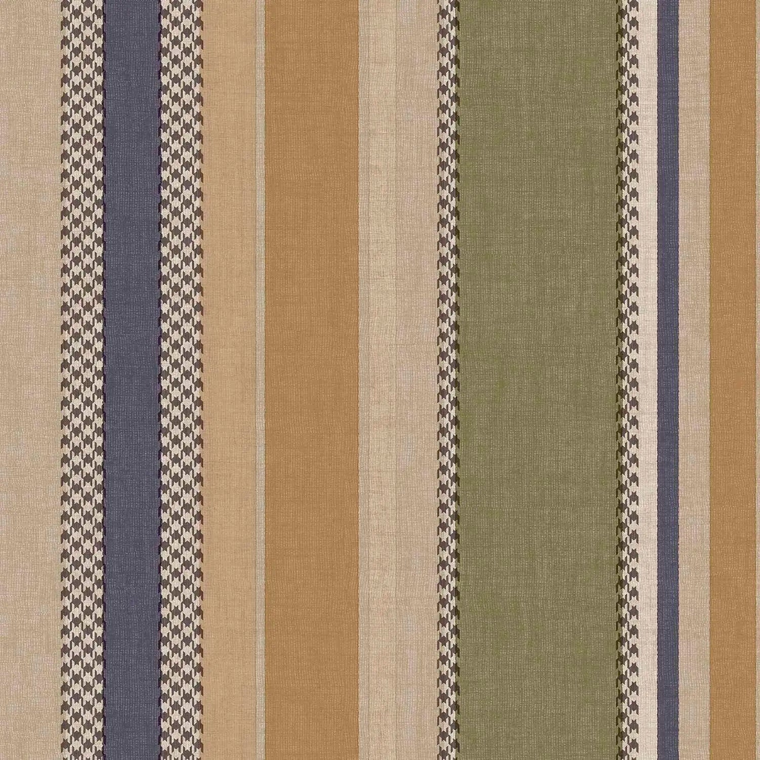 Tapetmønster med lodrette striber i grønne, olivengrønne, beige og blå nuancer. Produktnavn: Isaan Stripes - Olive.