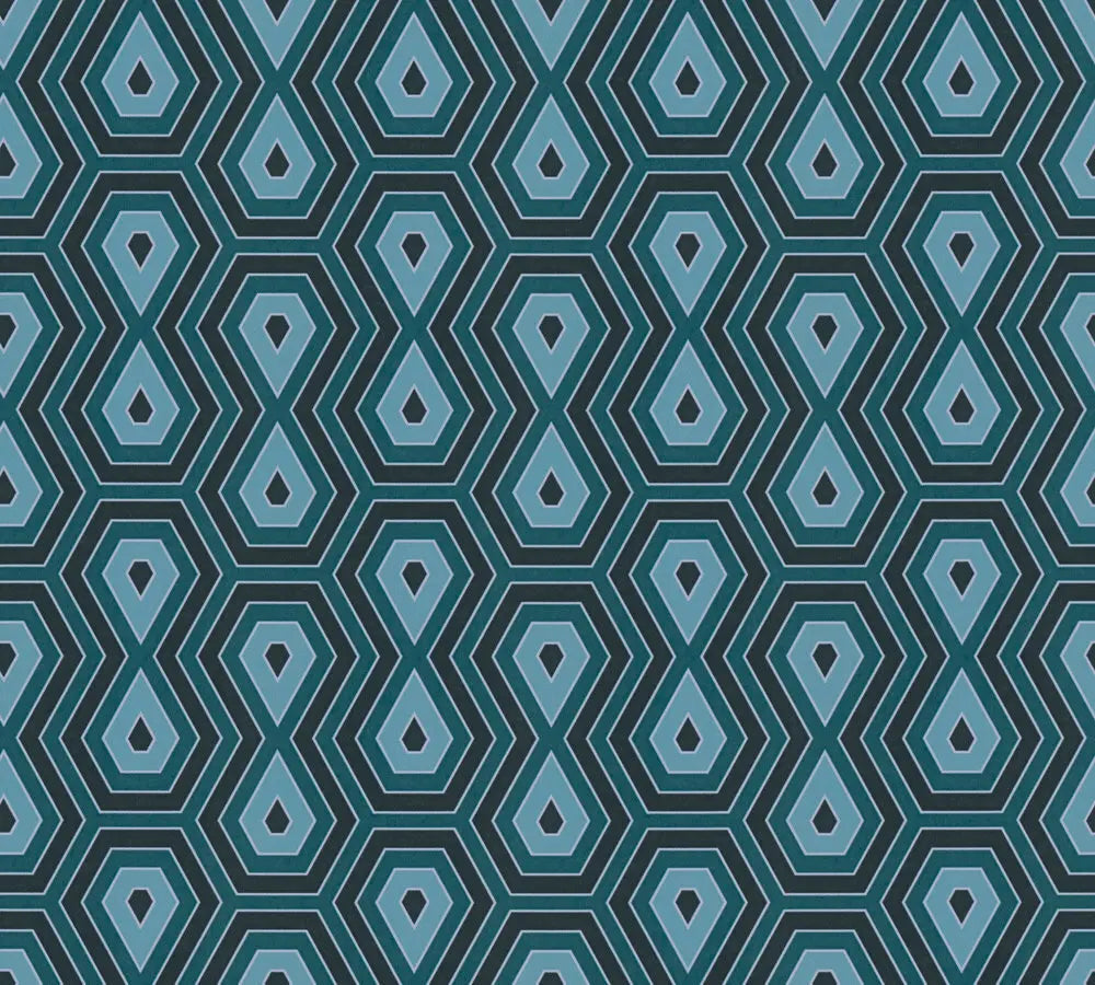 Jungle Geometry - Midnight tapet med geometrisk mønster i blå og mørke toner, der danner sekskantede former.