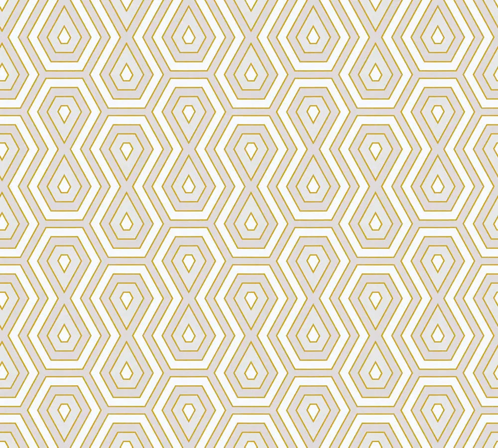 Jungle Geometry - Sahara tapet med geometrisk mønster i guld på en lysegrå baggrund.