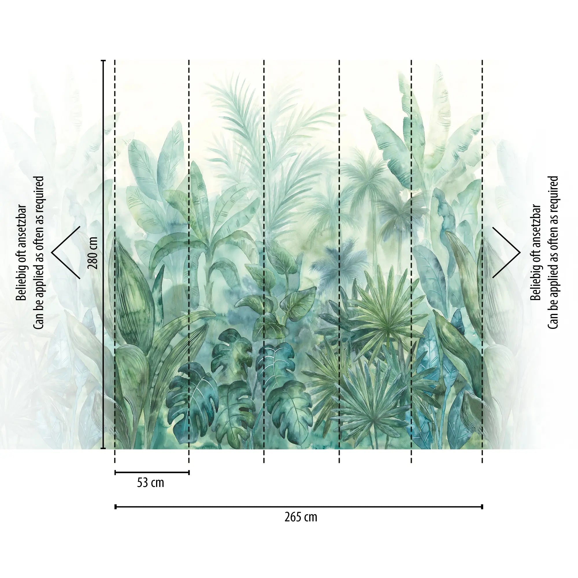 Dimensioner for Jungle Mist tapet fra Nicetapet.dk, der viser sektioner og installationsmuligheder med en bredde på 265 cm og højde på 280 cm.