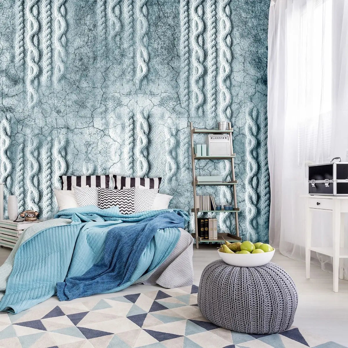 Billede 4 af Fototapet - Kablet strikkemønster i krakeleret isblå tekstur