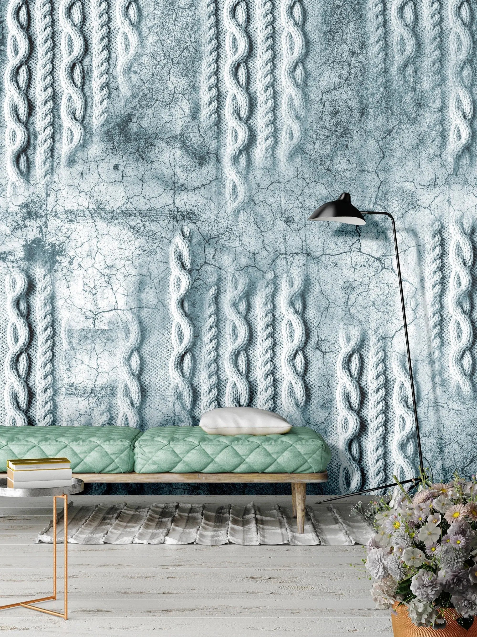 Billede 7 af Fototapet - Kablet strikkemønster i krakeleret isblå tekstur