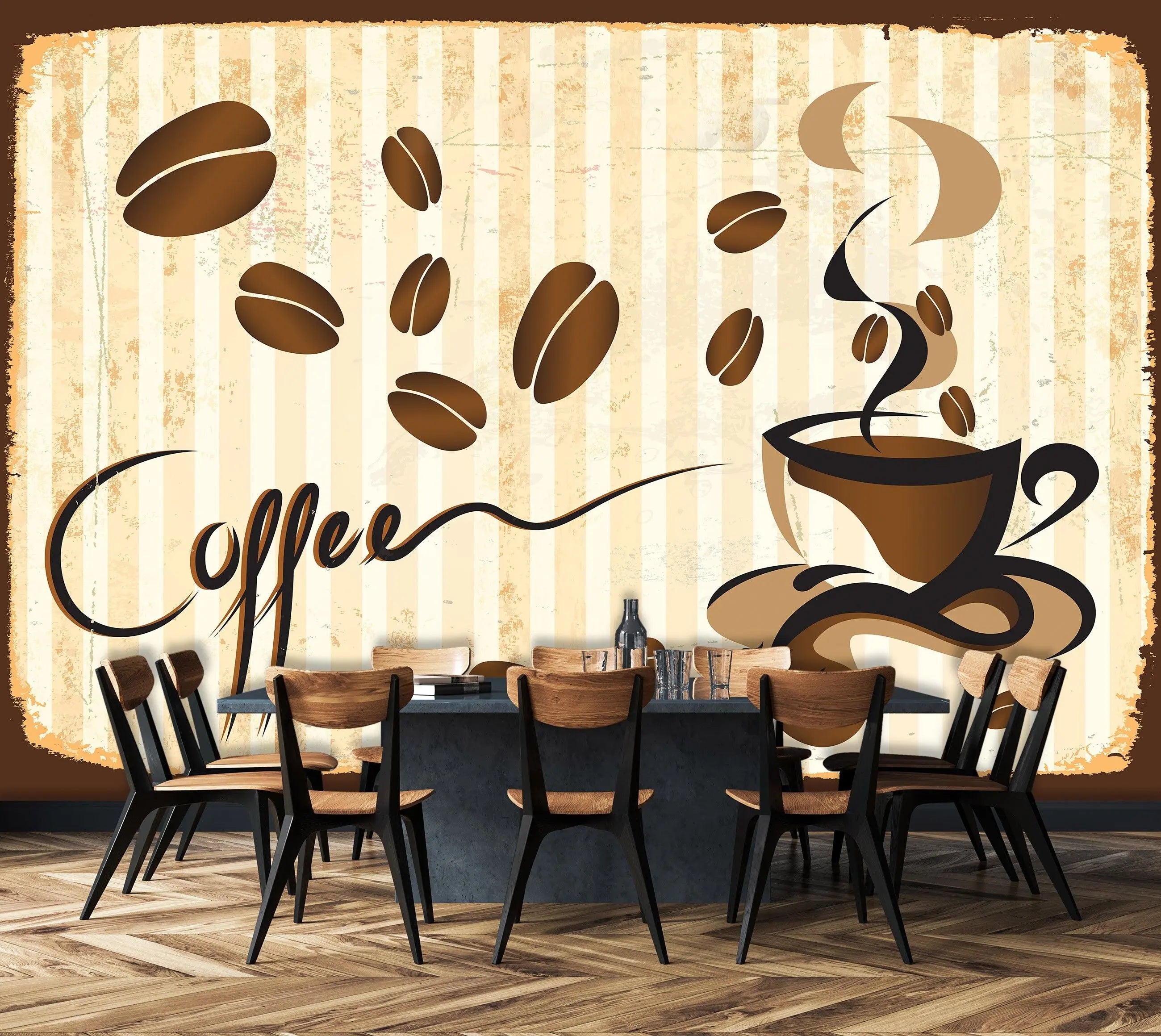 Billede 3 af Fototapet - Kaffekop med damp og flyvende kaffebønner