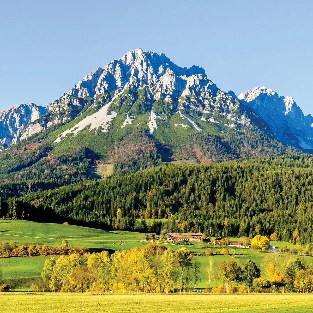 Billede 6 af Fototapet - Kitzbüheler Alperne med skov og marker i sollys
