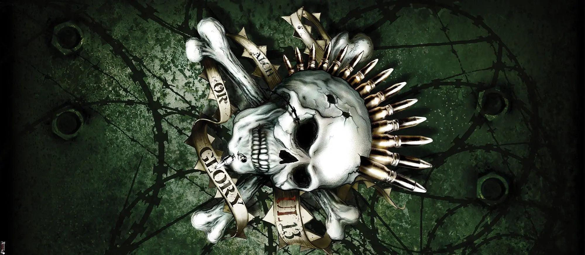 Billede 10 af Fototapet - Kranium med patroner og banner på grøn baggrund