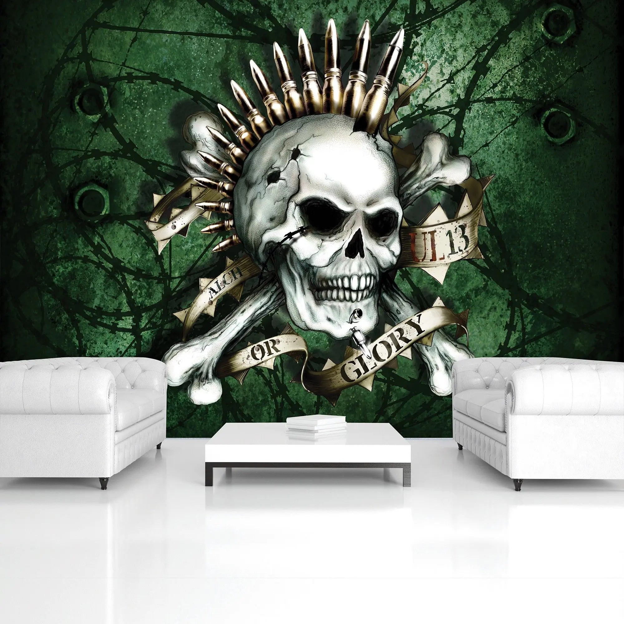 Billede 3 af Fototapet - Kranium med patroner og banner på grøn baggrund