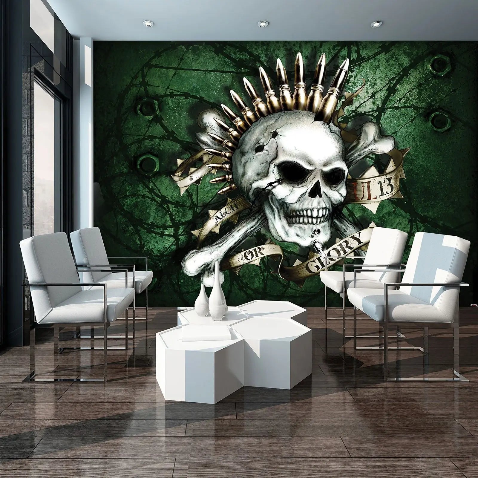 Billede 6 af Fototapet - Kranium med patroner og banner på grøn baggrund