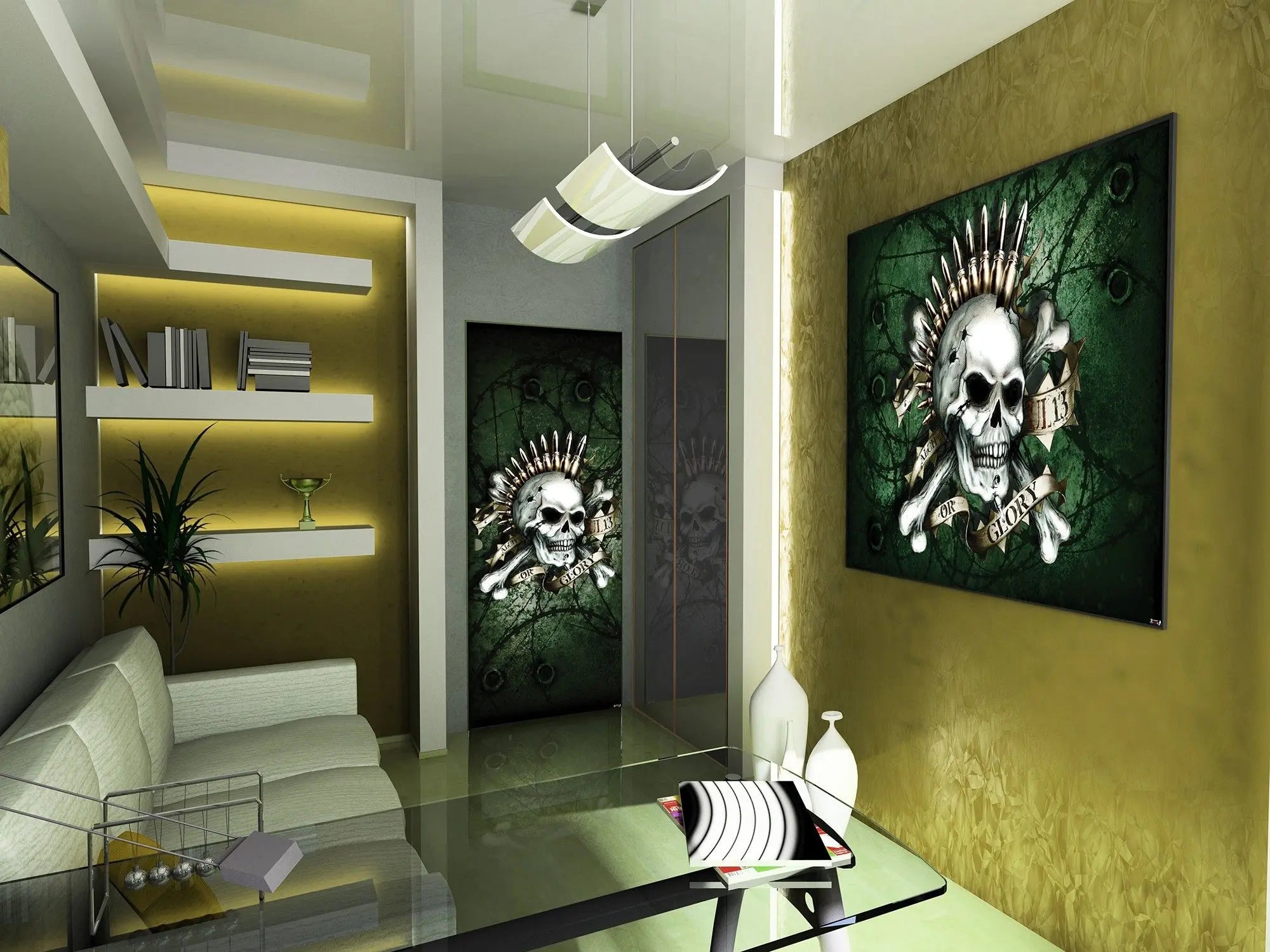 Billede 7 af Fototapet - Kranium med patroner og banner på grøn baggrund