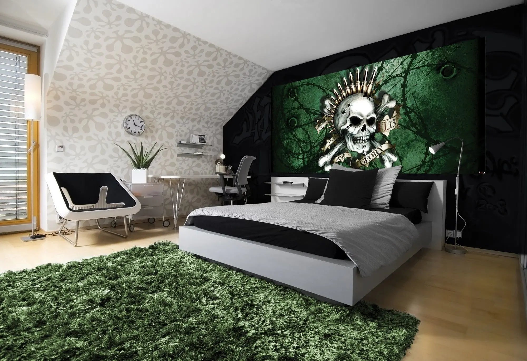 Billede 8 af Fototapet - Kranium med patroner og banner på grøn baggrund