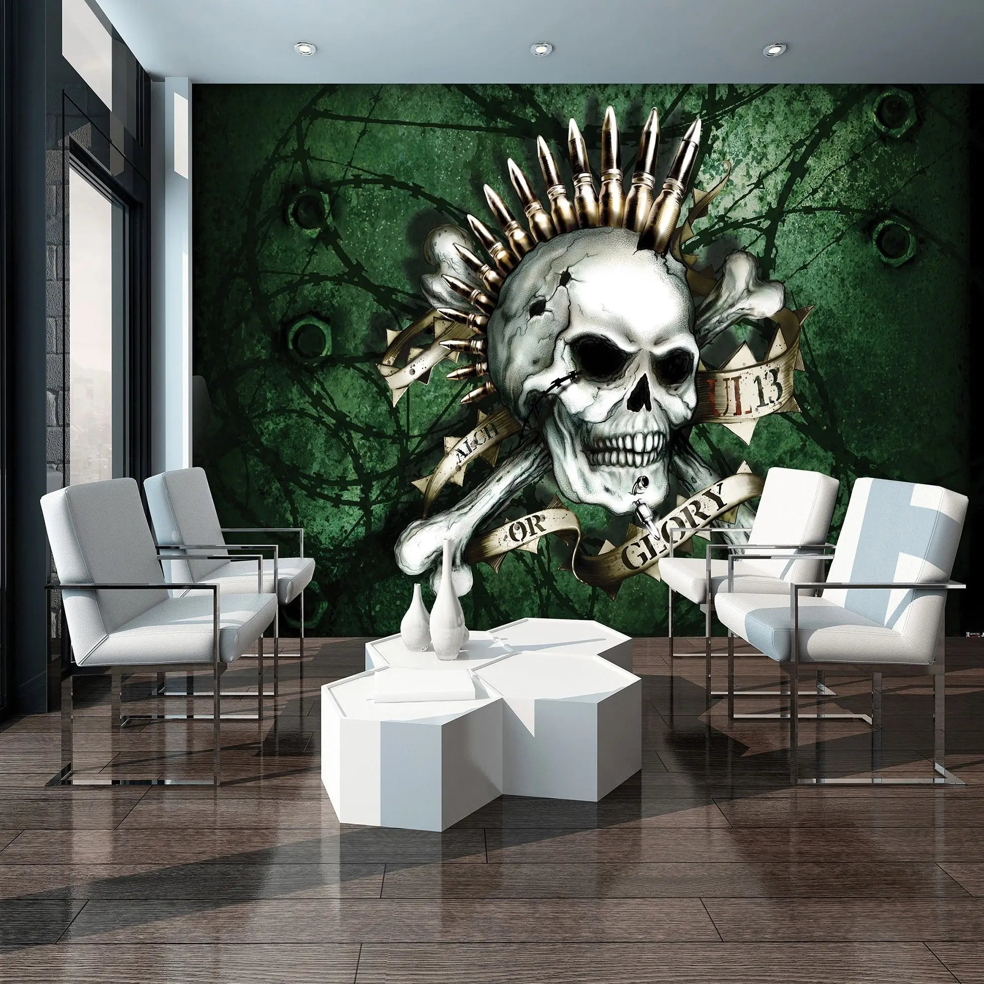Billede 9 af Fototapet - Kranium med patroner og banner på grøn baggrund