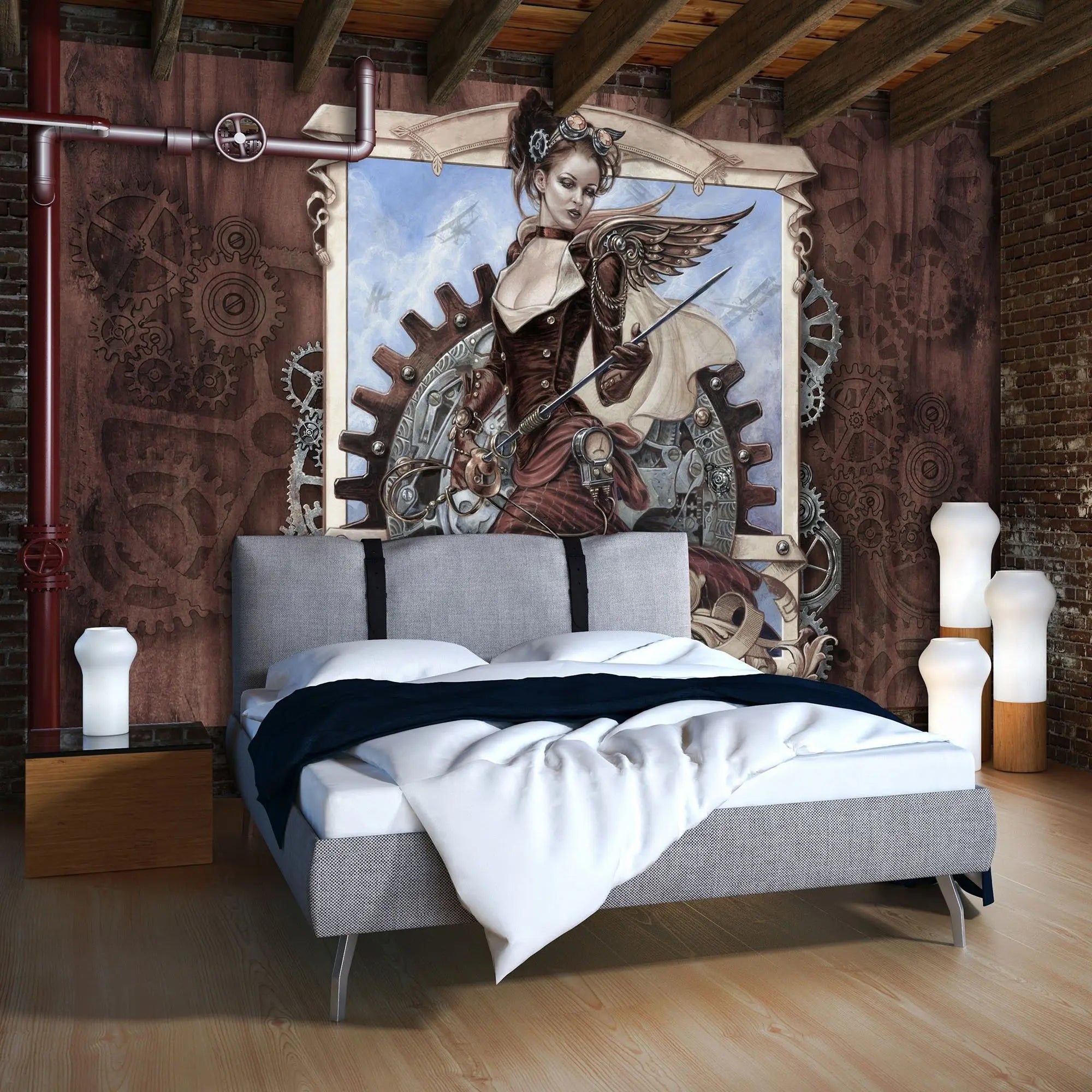 Billede 11 af Fototapet - Kvindelig steampunk-figur med vinger og tandhjul på træbaggrund