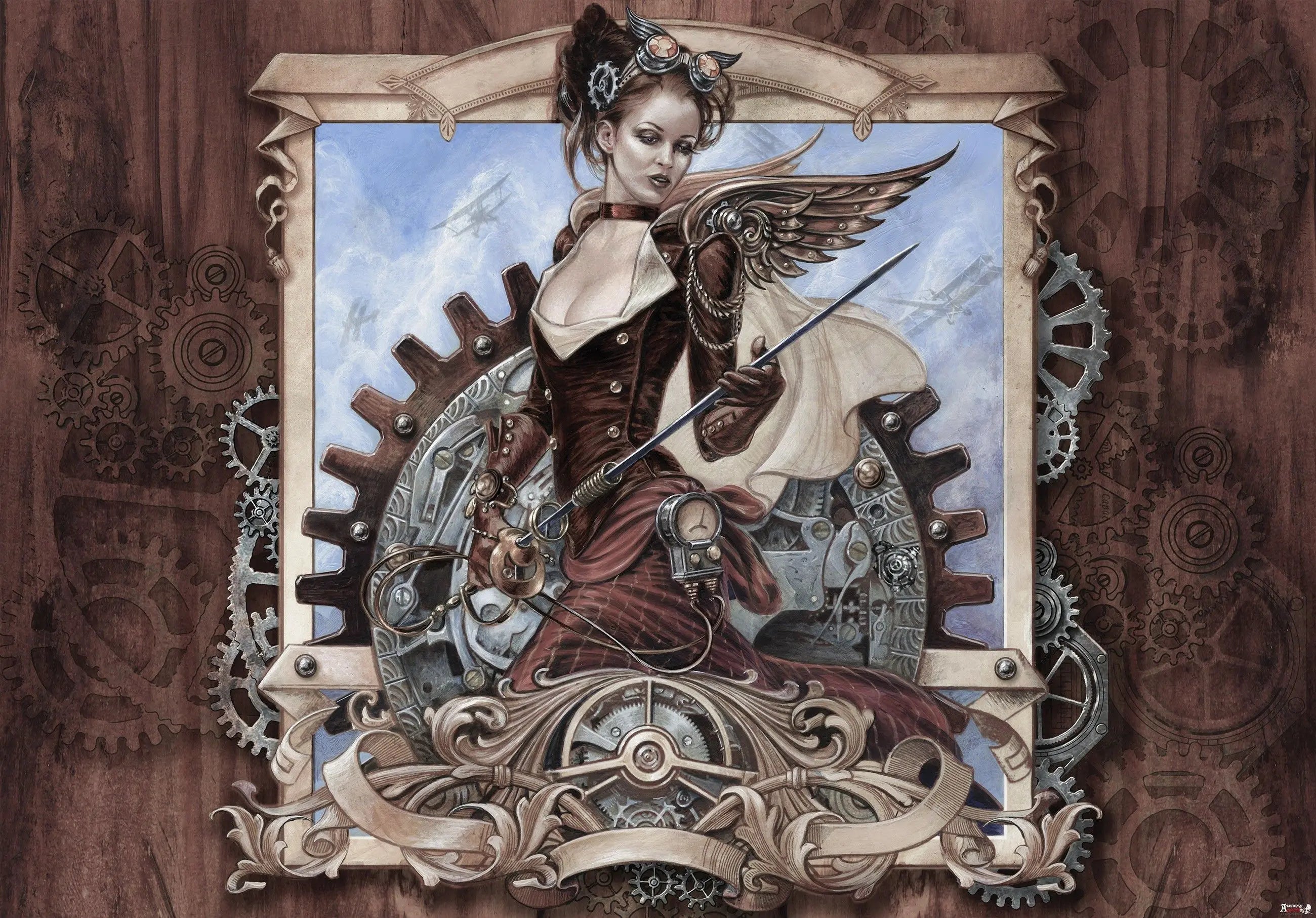 Billede 4 af Fototapet - Kvindelig steampunk-figur med vinger og tandhjul på træbaggrund