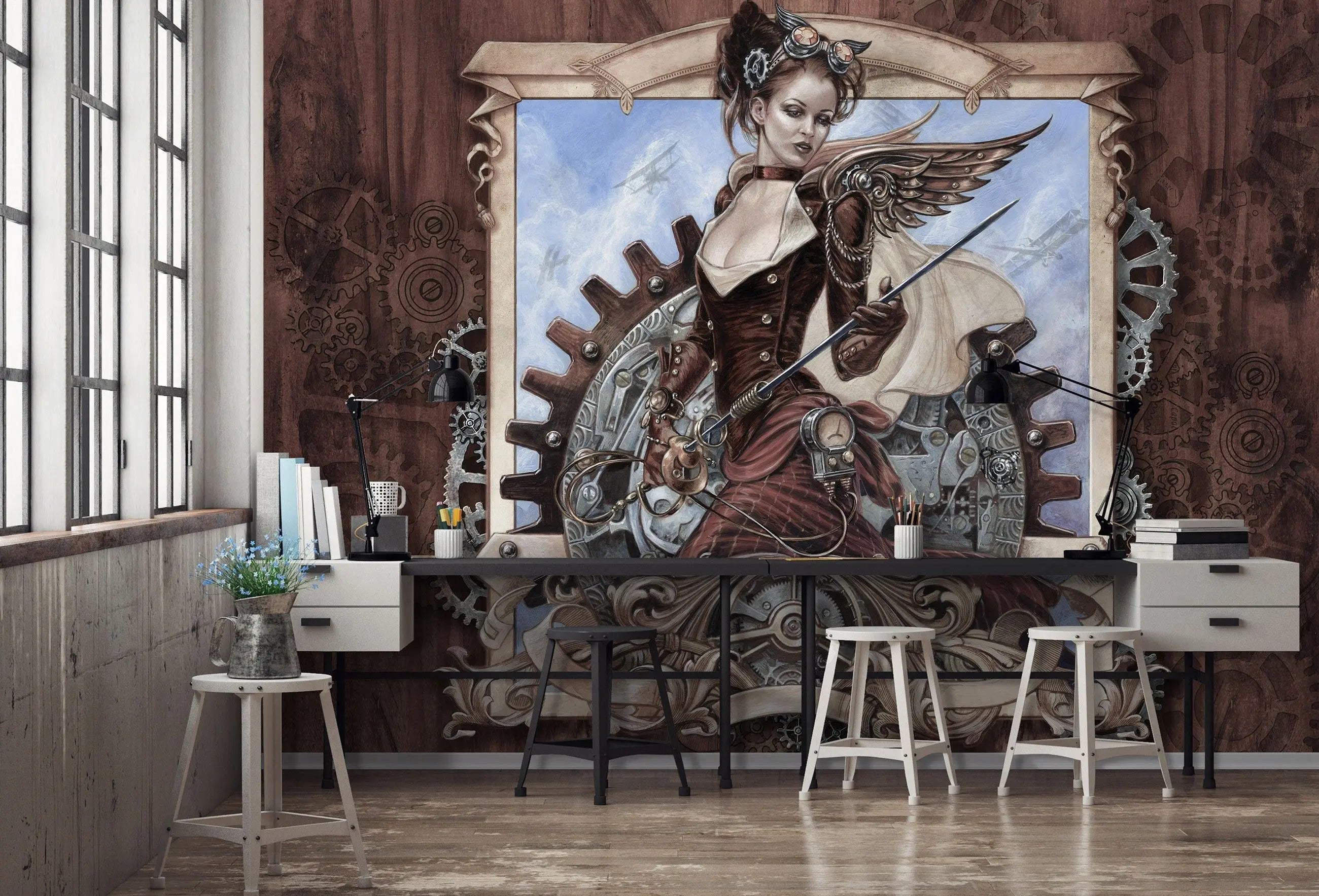 Billede 5 af Fototapet - Kvindelig steampunk-figur med vinger og tandhjul på træbaggrund