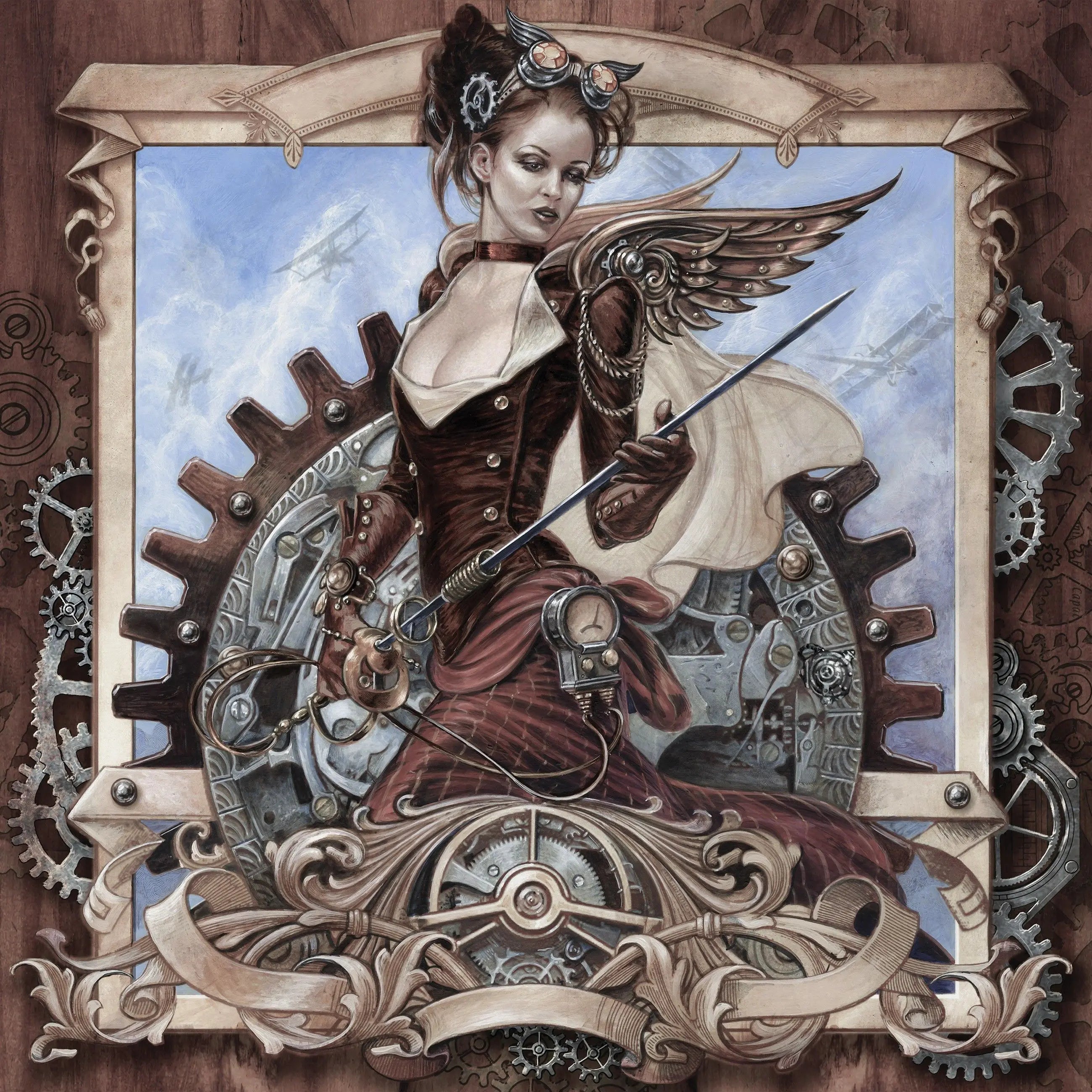 Billede 8 af Fototapet - Kvindelig steampunk-figur med vinger og tandhjul på træbaggrund