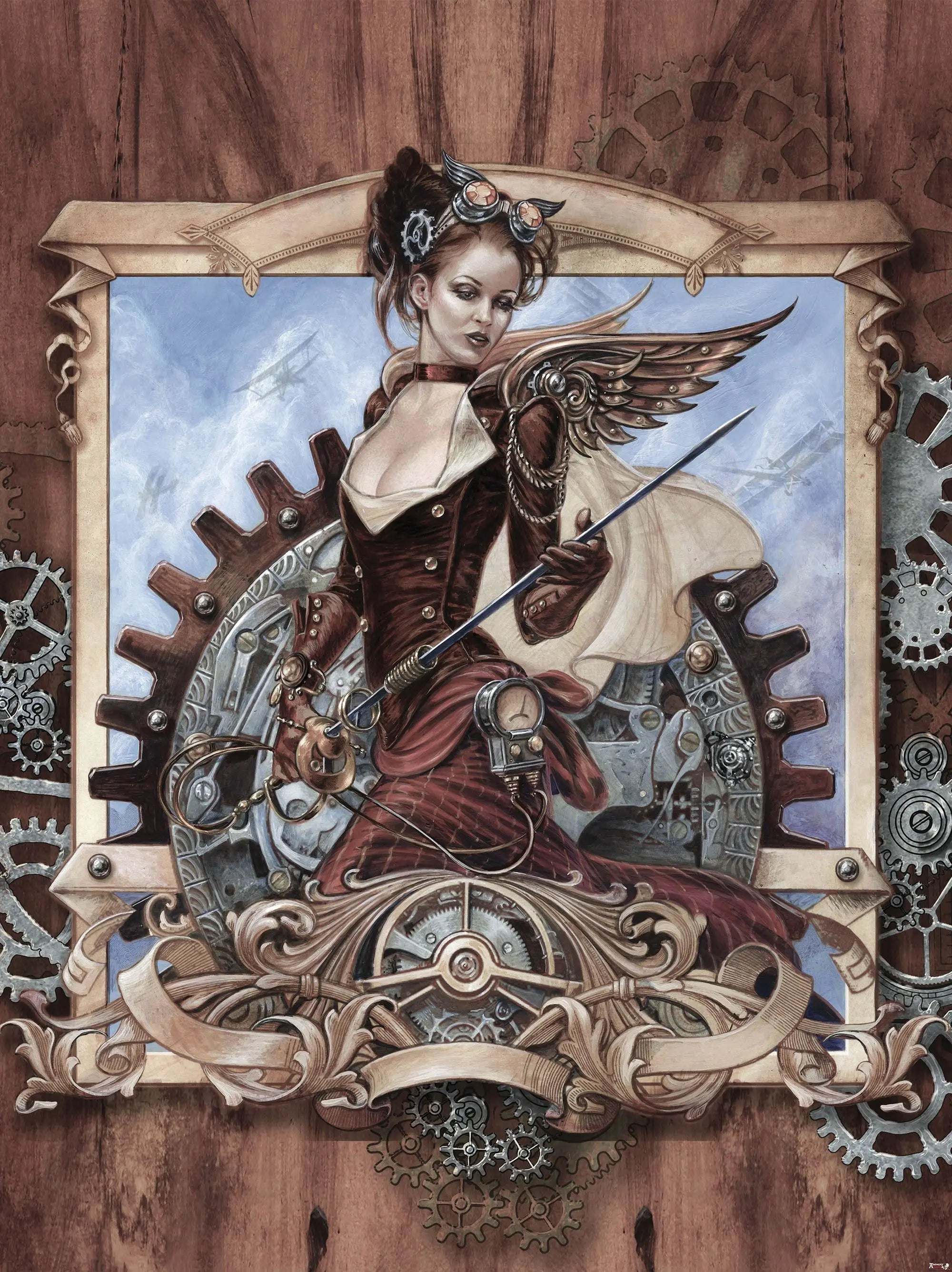 Billede 9 af Fototapet - Kvindelig steampunk-figur med vinger og tandhjul på træbaggrund