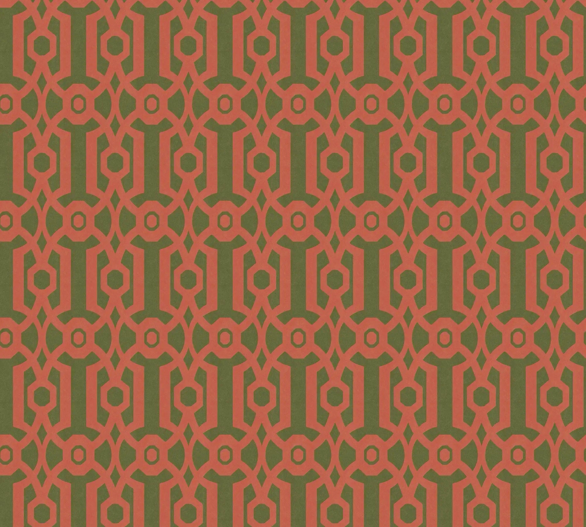 Lattice Delight - Terra Cotta Harmony tapet i et tæt geometrisk mønster med terrakotta og grønne nuancer.