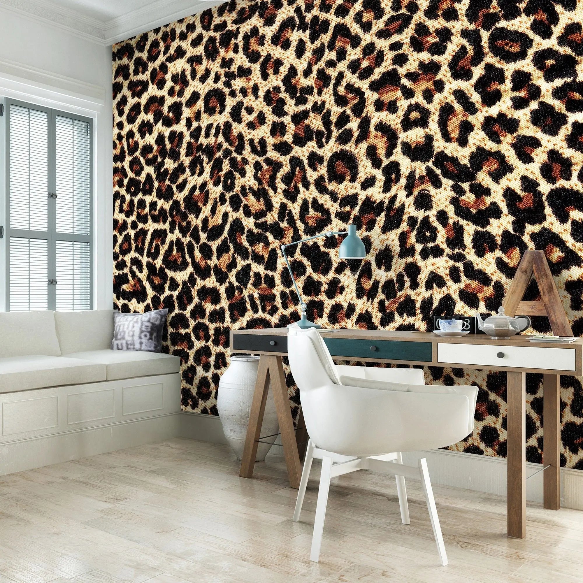 Billede 9 af Fototapet - Leopardmønster i brun og sort på beige baggrund
