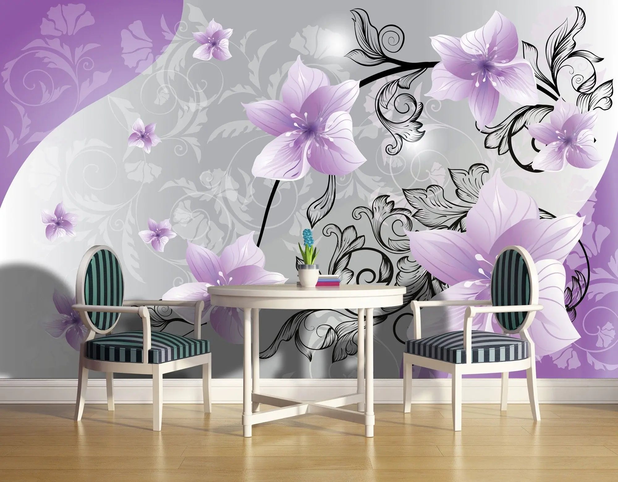 Billede 2 af Fototapet - Lilla blomster med sort vintage mønster på grå baggrund