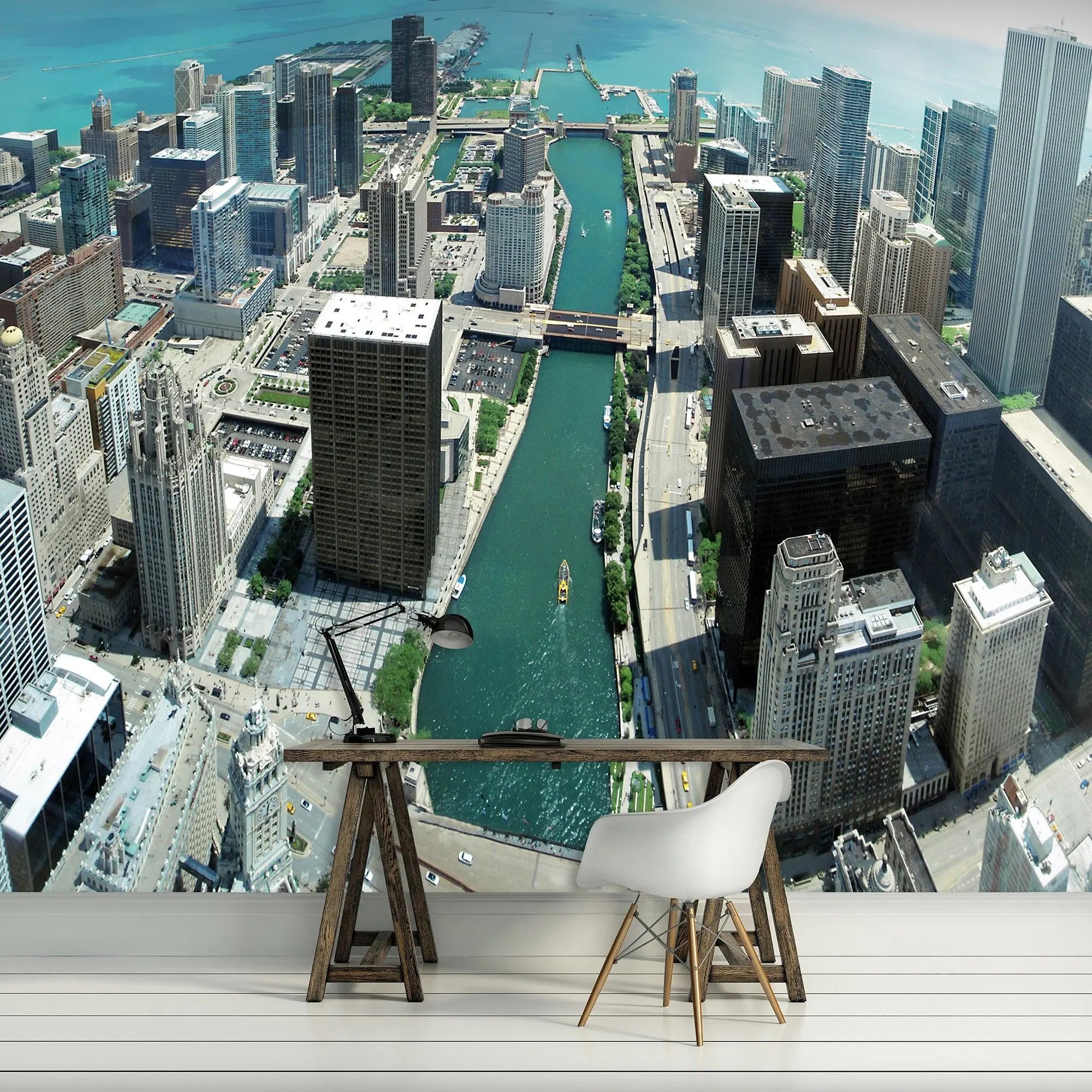 Billede 5 af Fototapet - Luftfoto af Chicago-floden med skyskrabere