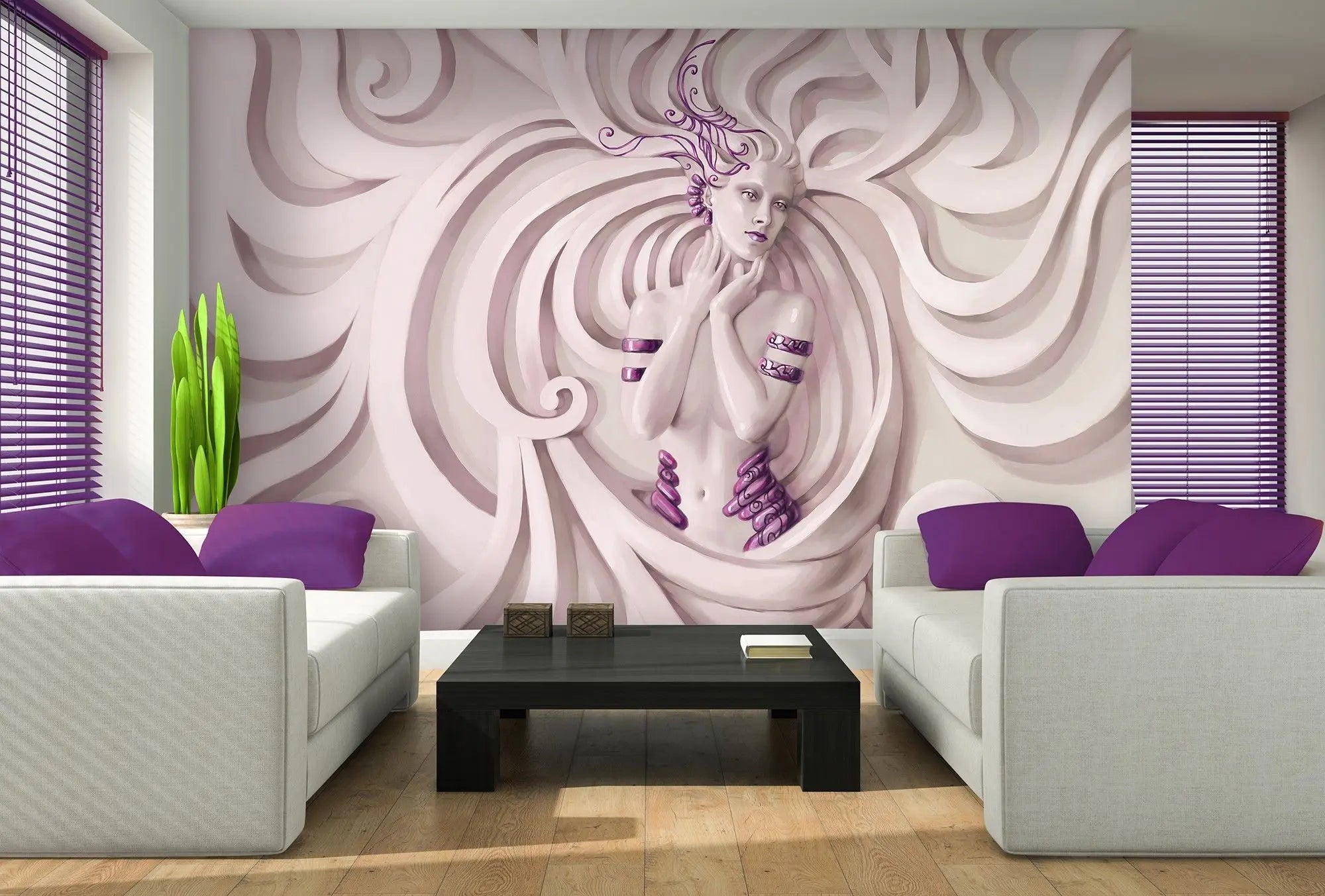 Billede 2 af Fototapet - Lys kvinde med lilla hår og mønster i abstrakte bølger