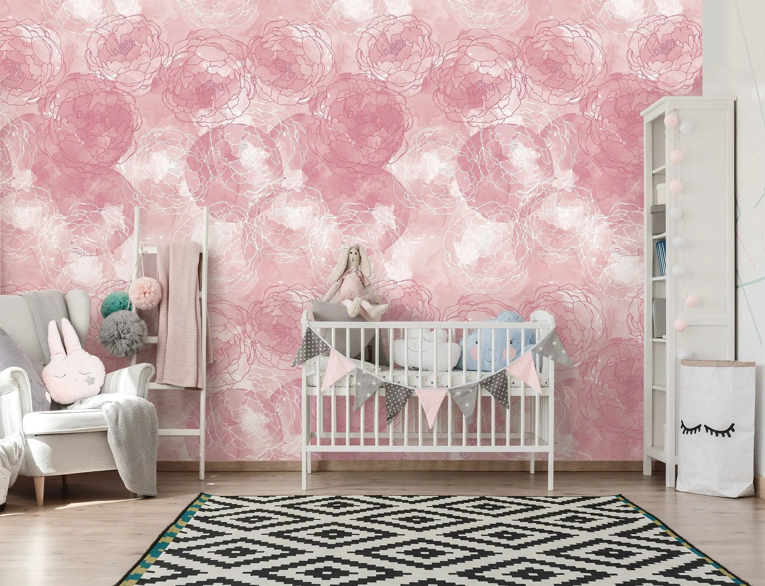 Billede 12 af Fototapet - Lys rosa blomstermønster med pæoner