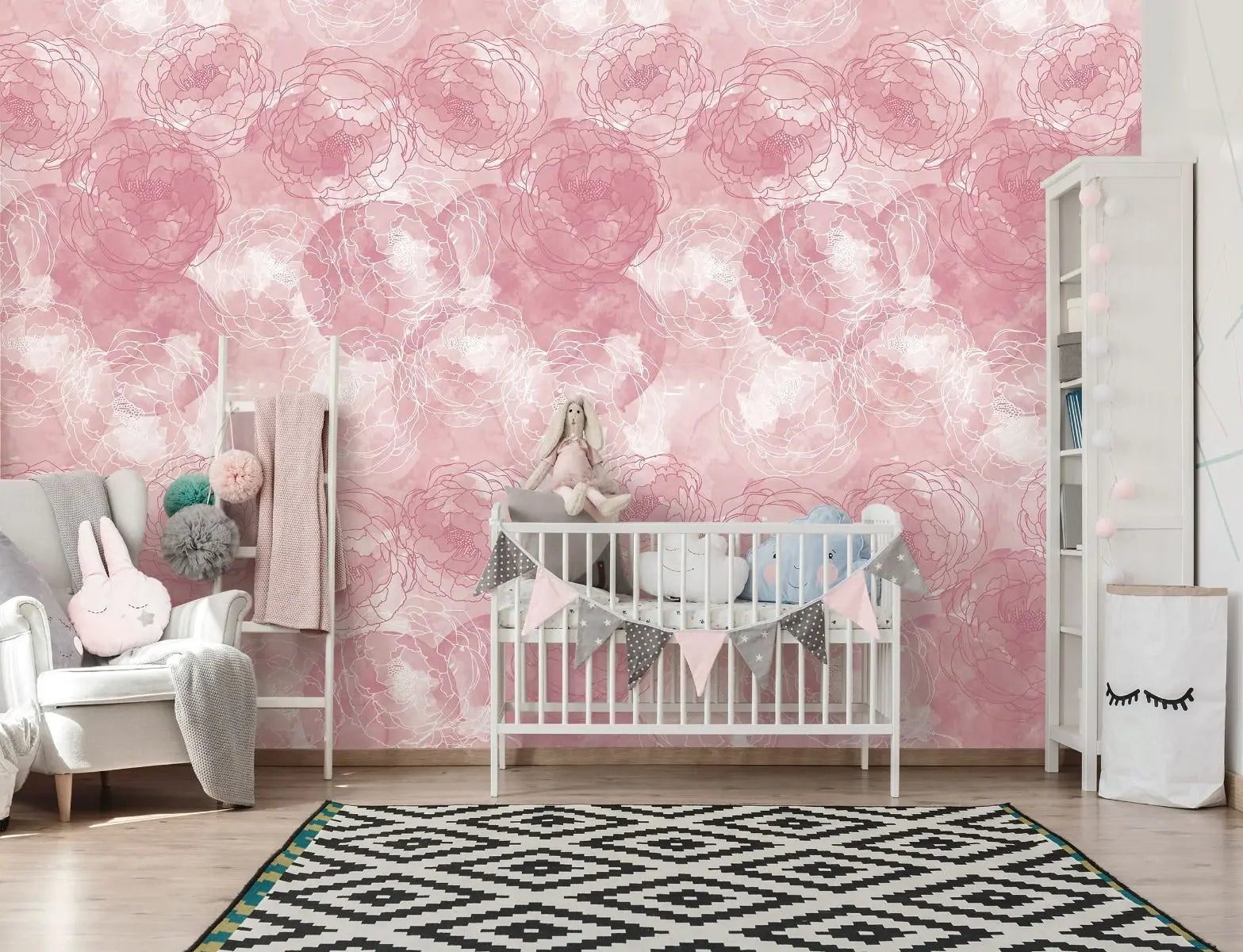 Billede 2 af Fototapet - Lys rosa blomstermønster med pæoner